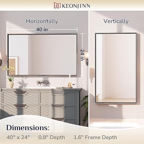 Miniatura 113 de Keonjinn Espejo de baño dorado de 48 x 36 pulgadas, espejo rectangular con marco de metal dorado cepillado, espejo de pared grande rectangular