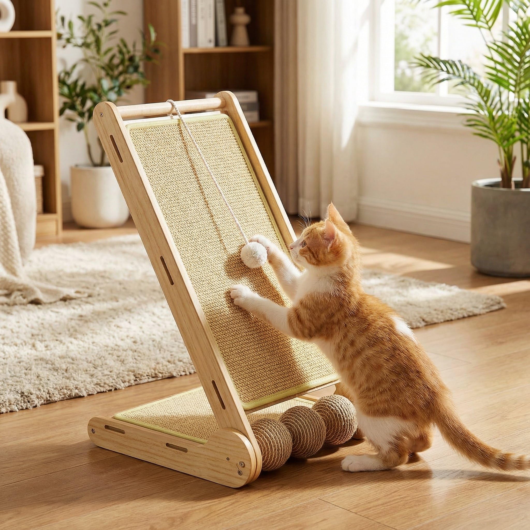 Sisal Cat Scratcher, Foldable Design, Dual-Use Cat Scratching Post with 3 Scratching Balls, Removable cat scratching pad, L-Shaped Pet Furniture for All Cats Playing, Relaxing