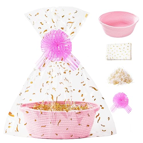 SUNCOLOR Small Woven Pink Gift Basket Set, Cotton Rope Storage