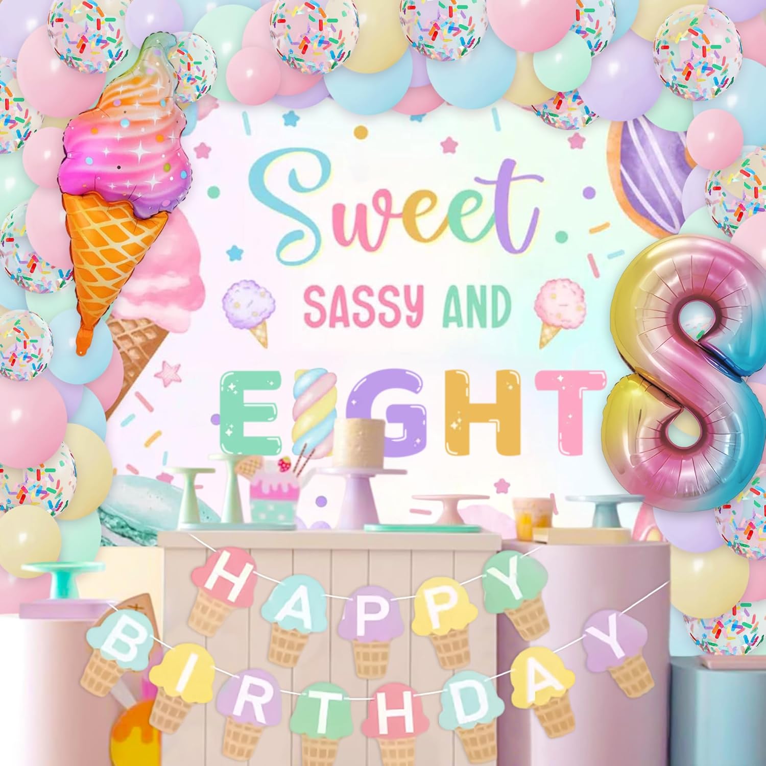 Sweet Sassy and Eight 8th Birthday Decorations for Girls 8 Year Old Birthday Party Decor Ice Cream Donut Backdrop Balloons Macaron Baby Shower Party Supplies Sweet Sassy 8th