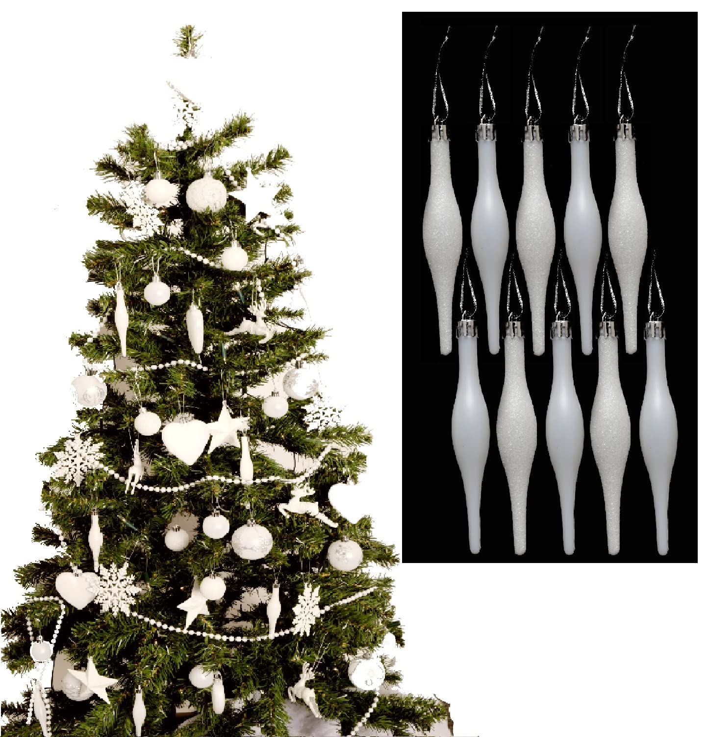 Simply Products White Glitter & Matte 10 Droplet Baubles - Great Christmas Tree Decoration, Matte & Glitter Icicle Baubles (White Glitter & Matte)
