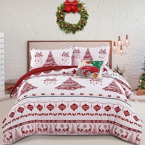 Luxudecor Juego de funda de edredón de Navidad, tamaño Queen, 3 piezas, funda de edredón de Yuletide roja, árbol de Navidad, patrón de invierno,