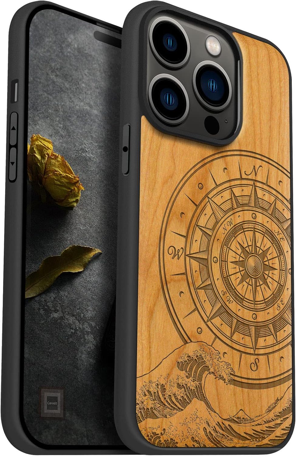 Carveit Magnetic Wood Case for iPhone 14 Pro Case [Natural Wood & Black Soft TPU] Unique & Classy Wooden Shockproof Protective Cover Compatible with magsafe (Waves & Compass -Walnut)