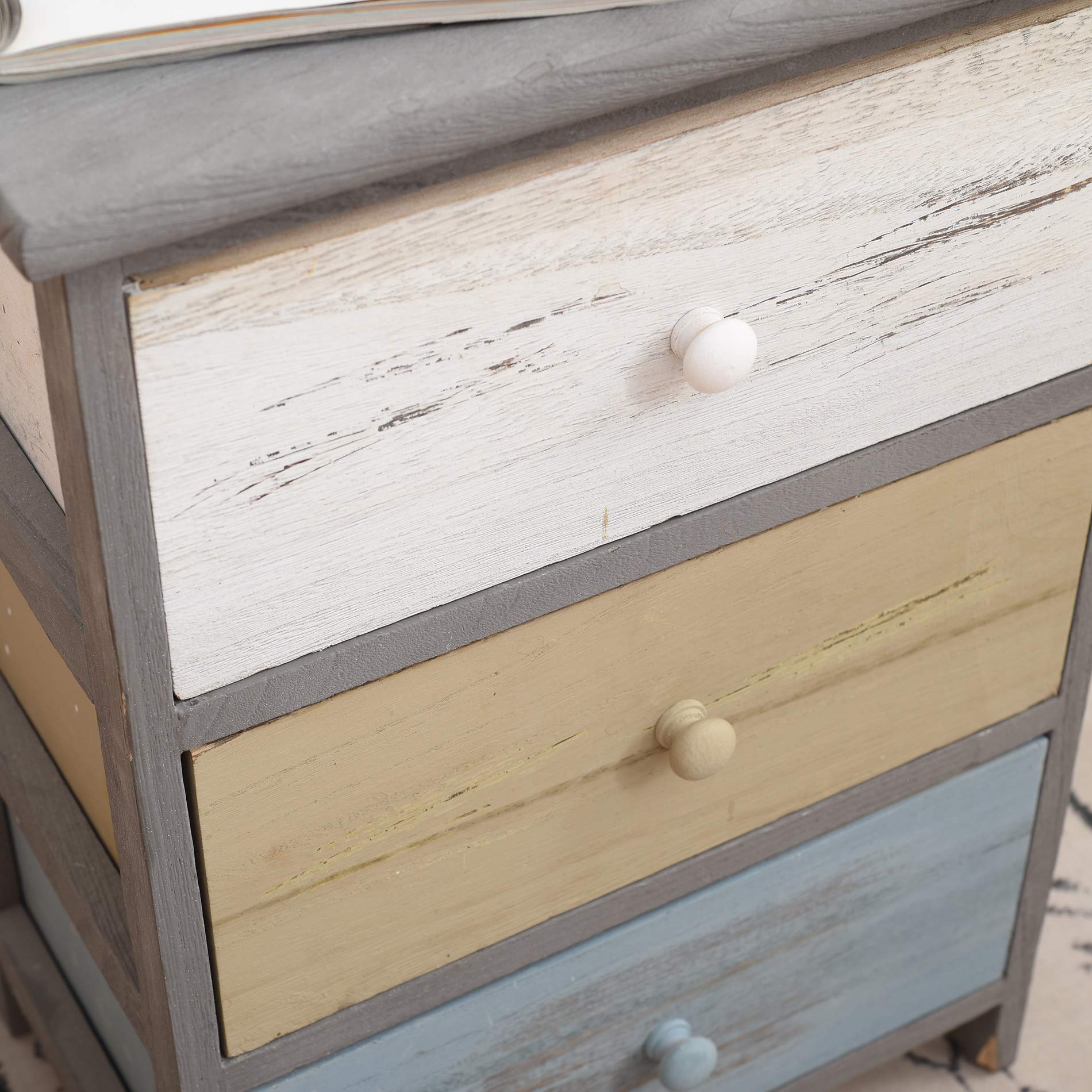 Rebecca Mobili Comodino vintage, cassettiera con 3 cassetti, legno paulownia, grigio beige blu, camera salotto - Misure: 56 x 40 x 29 cm (HxLxP) - Art. RE4883