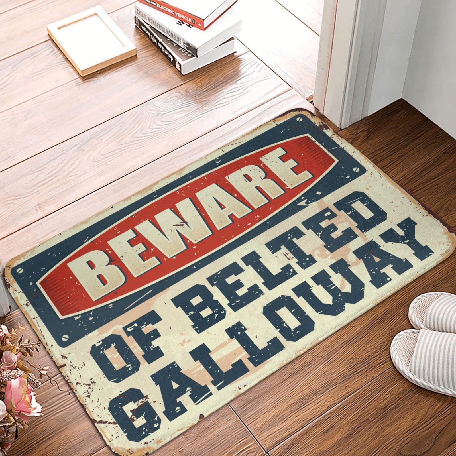 Wewnętrzna mata pod drzwi wejściowe 'Beware of Belted Galloway' dywanik mata powitalna do drzwi wejściowych i zewnętrznych wycieraczki zabawna (65 x 90 cm)