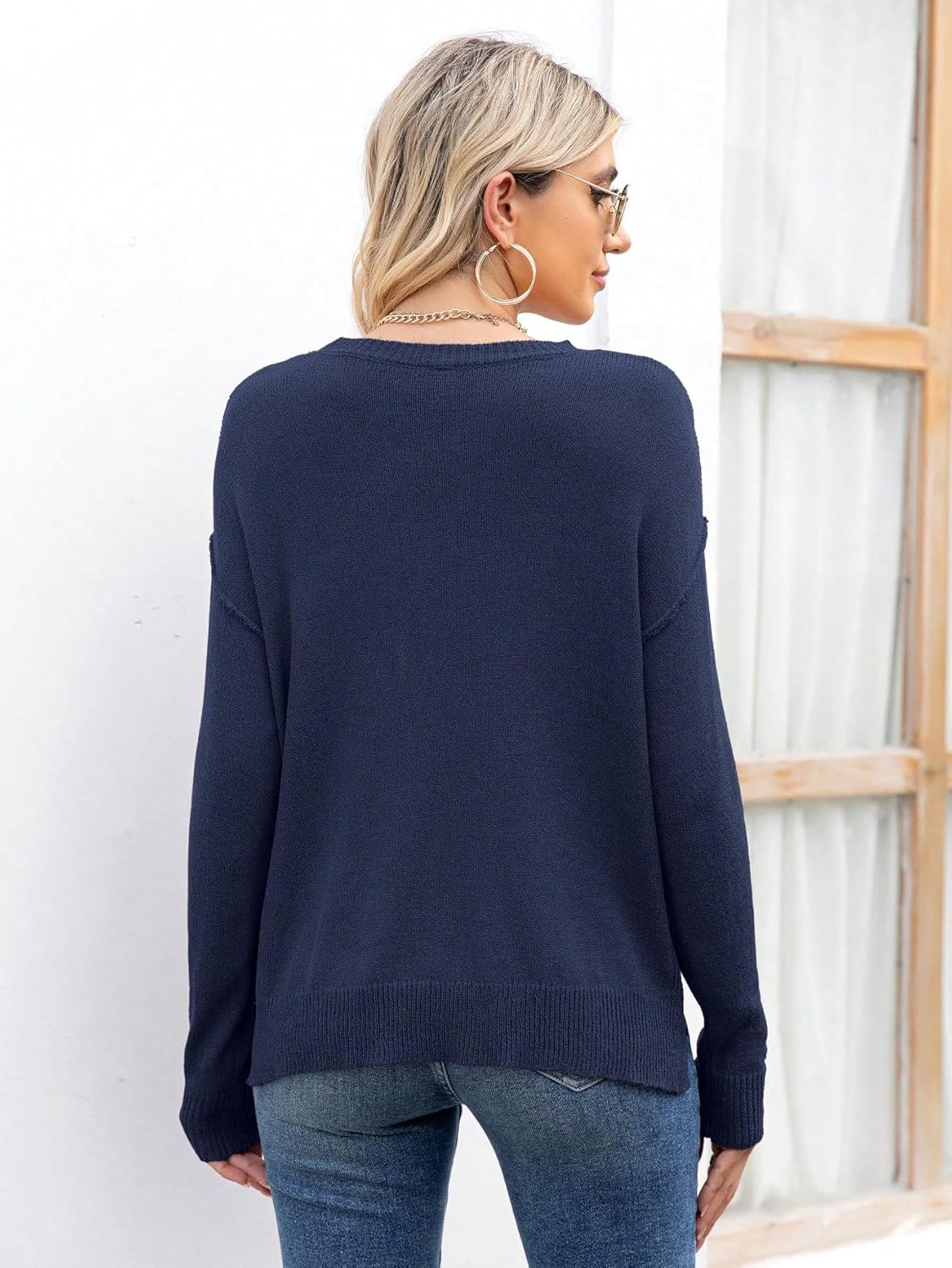 Solid Pocket Patched Drop Shoulder Sweater (Color : Royal Blue, Size : Medium)