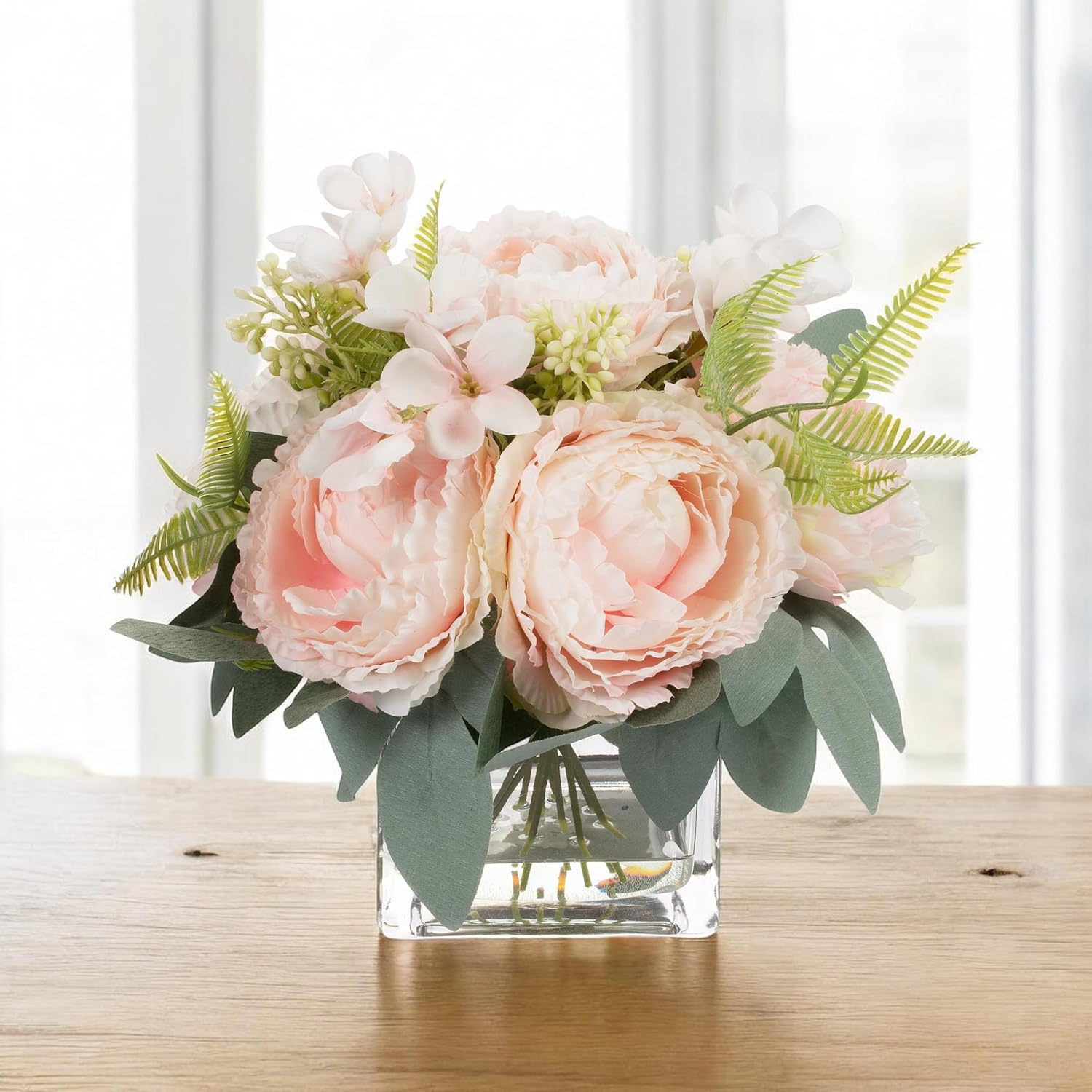 ENOVA FLORAL Artificial Flower Arrangement with Vase,Mixed Artificial Silk Peony Flower in Vase for Decoration Home Office, Wedding Centerpiece (Pink) - Image 2