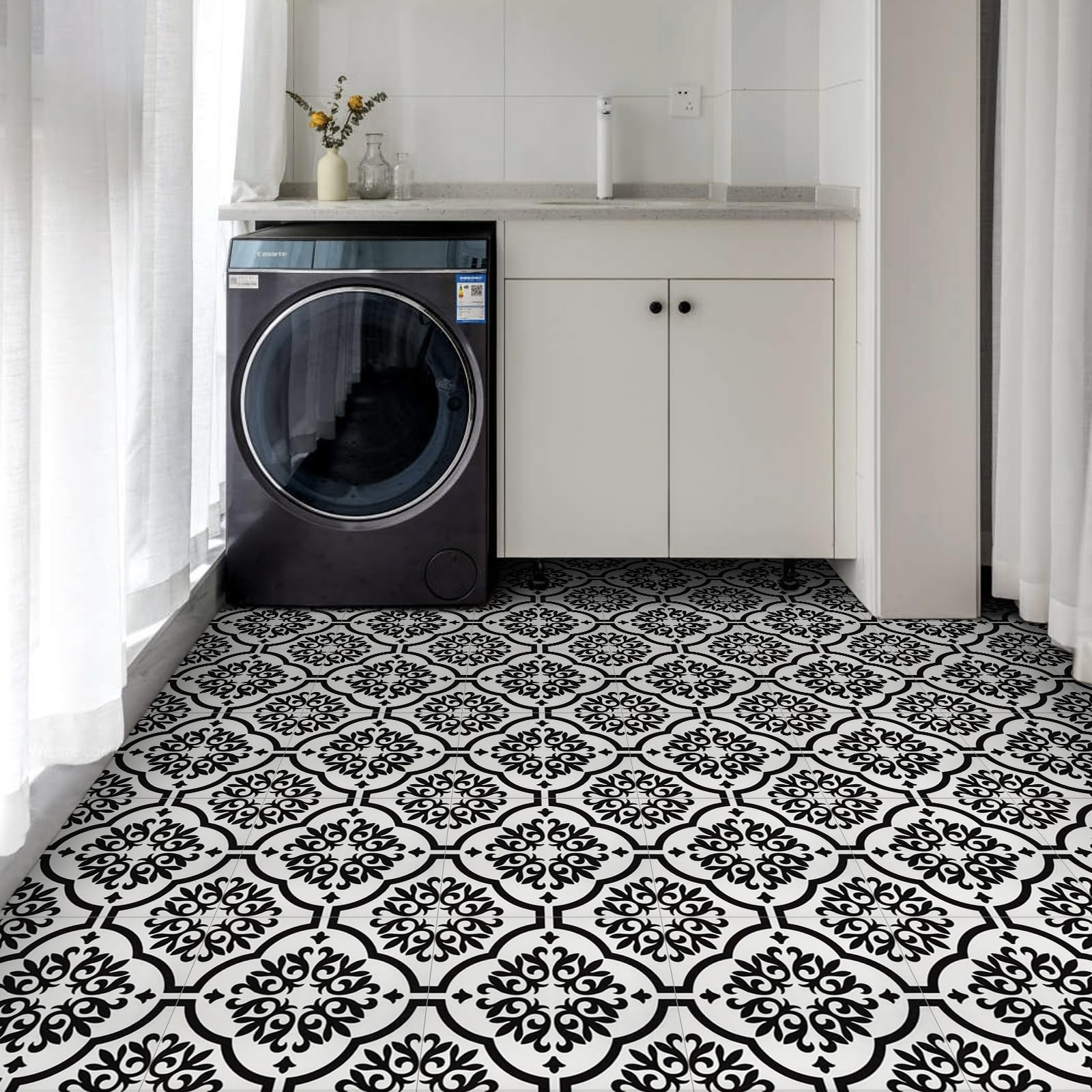 Elffloor Peel and Stick Floor Tile, Black and White Flower Vinyl