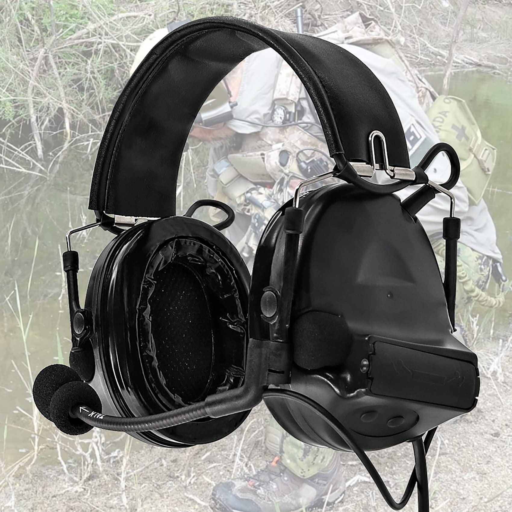 Tactical Headset with Gel Ear Pads Sound Pickup Hearing Defender with PTT 2 PIN for Airsoft Sports