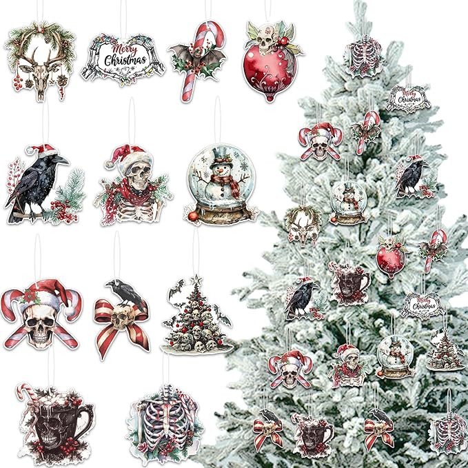 Gothic Christmas Tree Decoration 24PCS Gothic Christmas Wooden Ornaments Hanging Decor Skull Crows Christmas Tree Decor Hanging Ornaments Fireplace Mantel Supplies