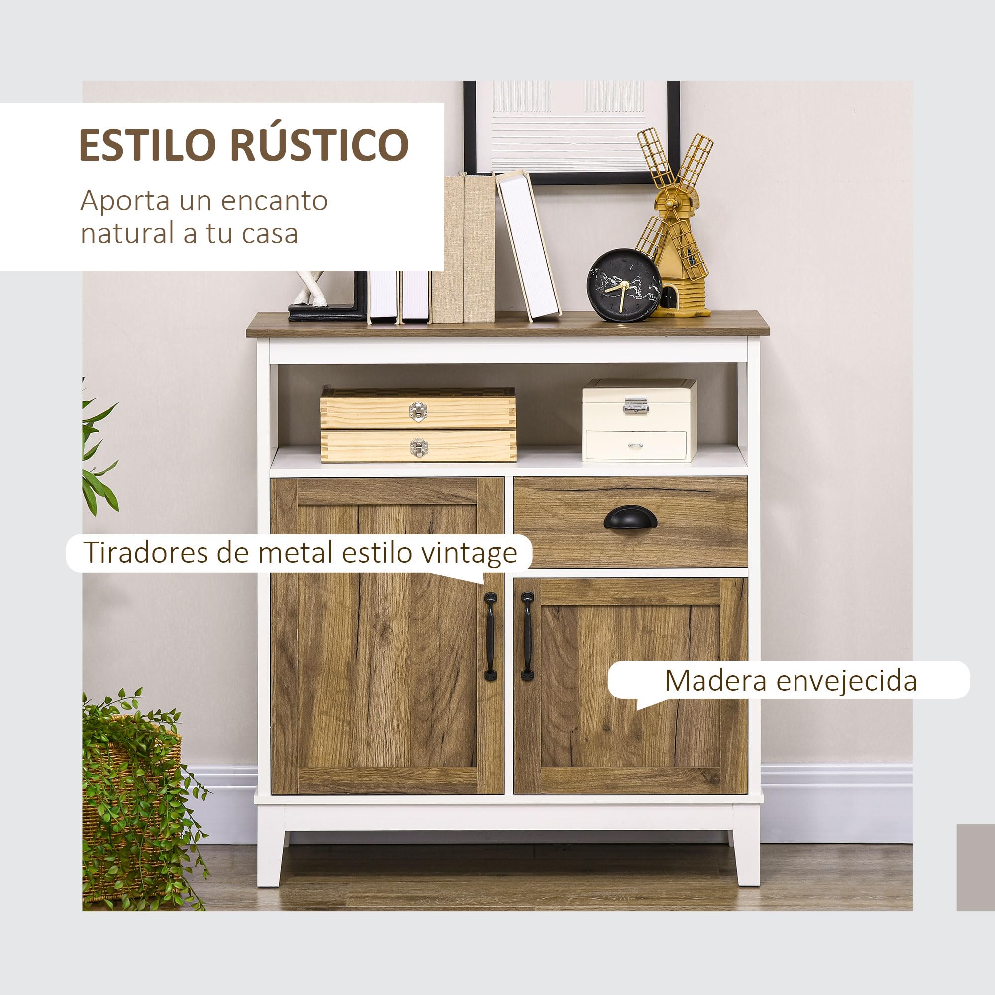HOMCOM Aparador de Salón 2 Puertas Cajón 76,6x35x81,5 cm Blanco y Marrón | Armario Almacenaje de Madera, Estante Ajustable, para Comedor Cocina Dormitorio