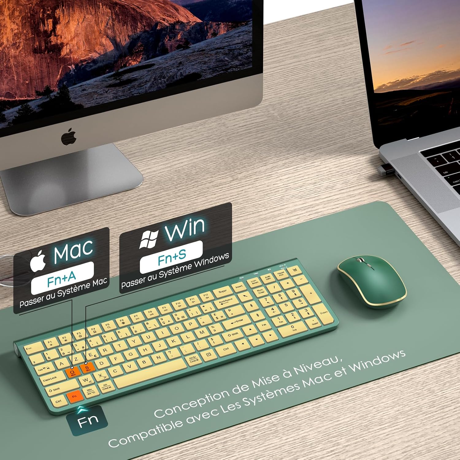 Image showing the keyboard with instructions for switching between Mac and Windows modes using Fn+A and Fn+S respectively.