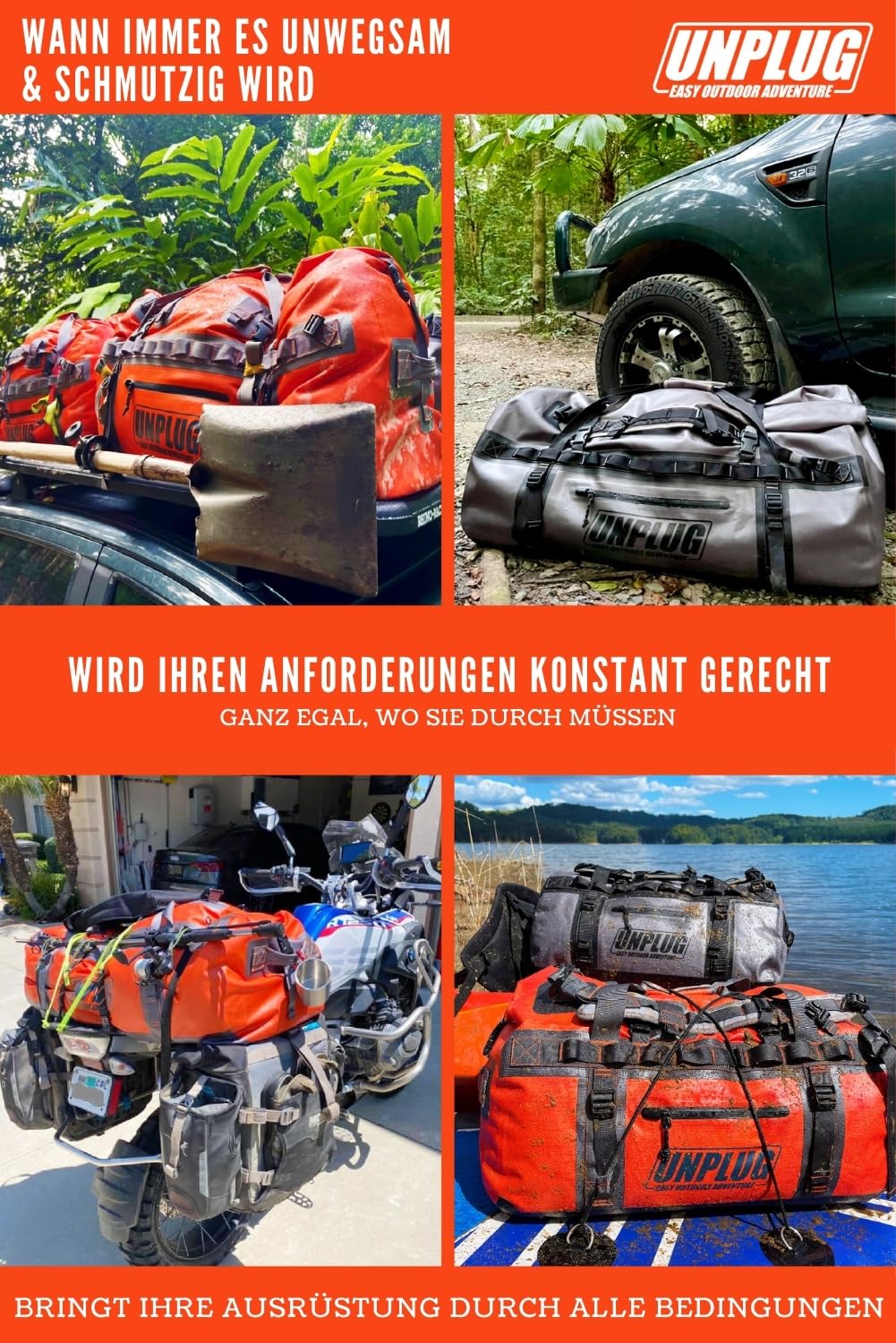 Unplug Ultimate Adventure Bag | 1680D strapazierfähige wasserdichte Seesack | wasserdichte Seesack für Camping, Motorrad, Trockentasche, Jagdtasche, Abenteuer-Sporttasche, wasserdichte Tasche
