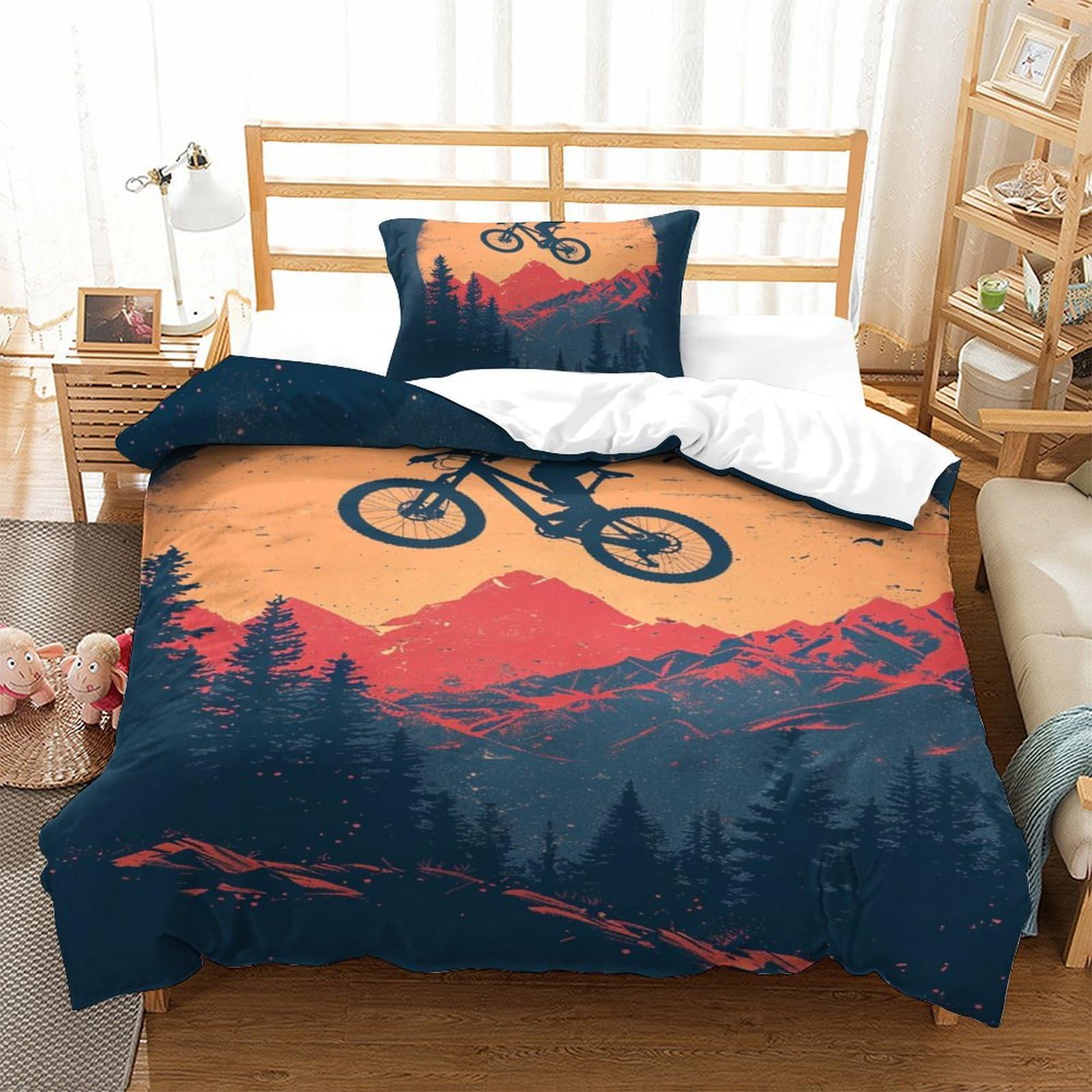 Parure de lit VTT 3D pour chambre d'ado avec housse de couette 135x200cm et taie d'oreiller