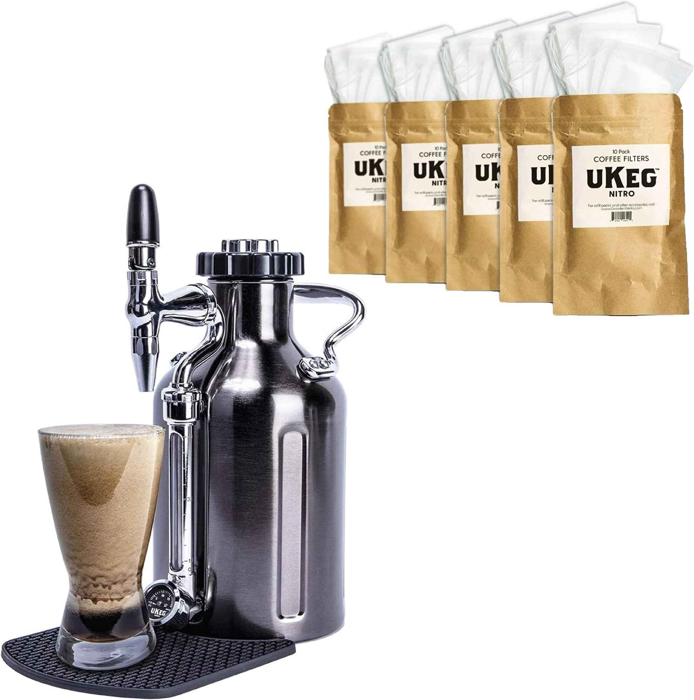 GrowlerWerks uKeg Nitro Cold Brew Coffee Maker, 50 oz, Black Chrome with Cold Brew Coffee Filters, 50 pack