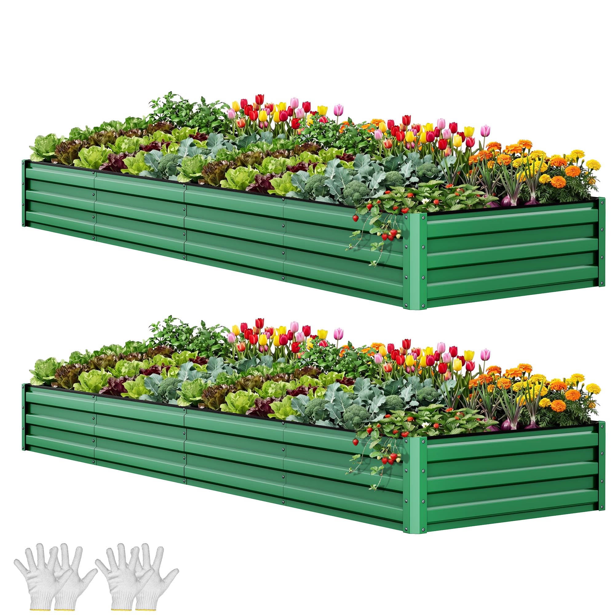 YITAHOME 12x4x1ft 2pcs Large Raised Garden Bed Kit, Galvanized Metal Planter Box with Gloves, Ground Nails, Support Rod, Outdoor Above Ground Planters for Plants Vegetables Flowers, Green Green 12x4x1ft 2pcs
