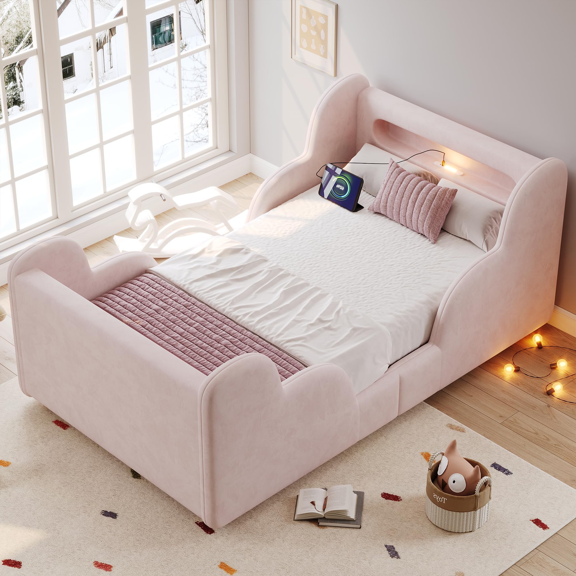 Kinderbett Polsterbett 90x200, Einzelbett mit LED Nachtlicht, USB-Ladeanschluss und Ablagefächern, Jugendbett Funktionsbett Bettgestell mit Rausfallschutz und Lattenrost, Samt, Ohne Matratze, Rosa