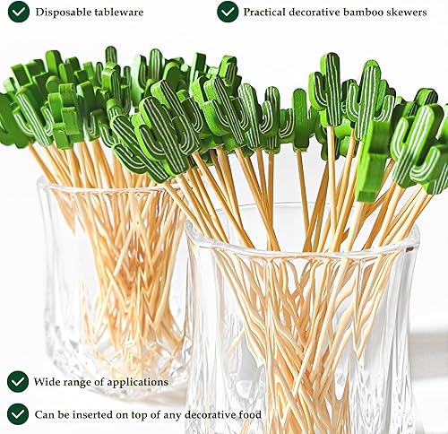 Miniatura 5 de Palillos de cóctel de cactus de bambú para aperitivos, brochetas de frutas de 4.7 pulgadas, palillos de comida tropical verde, 100 unidades por