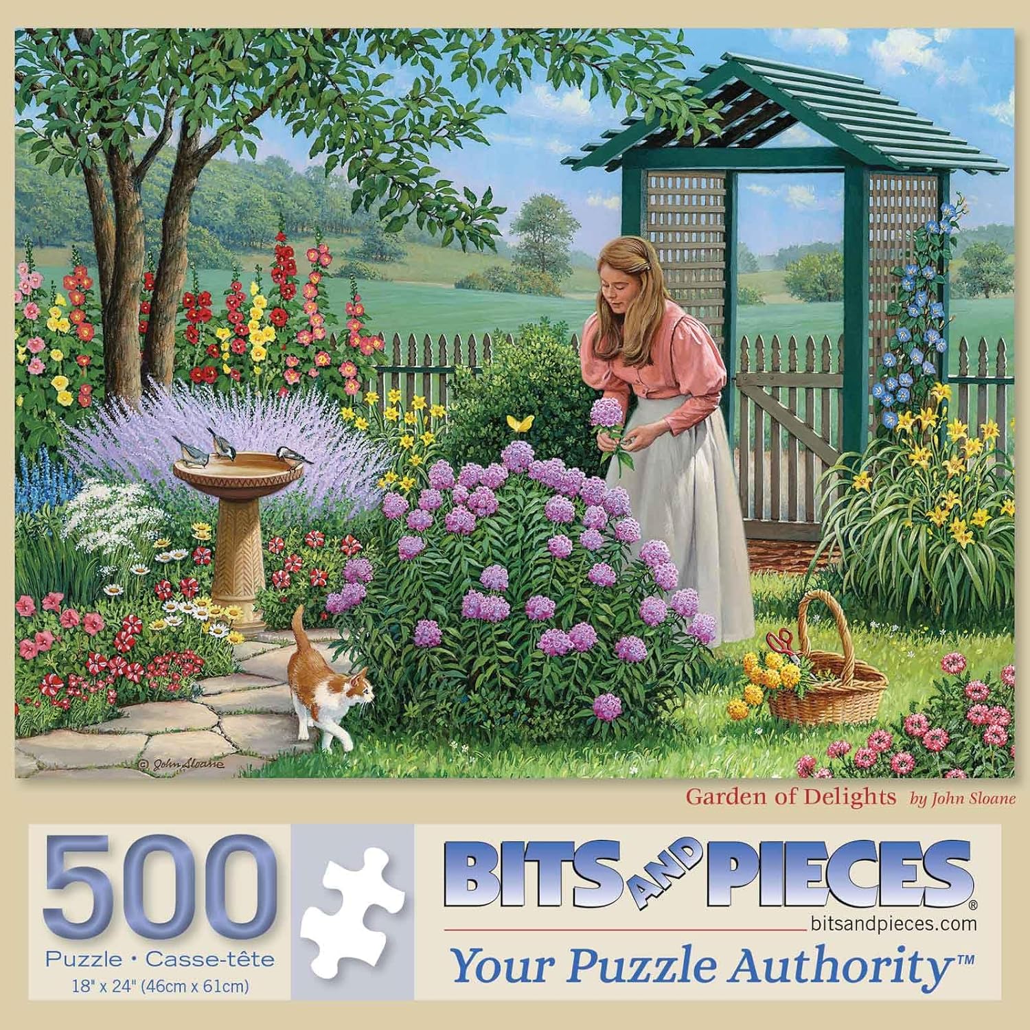 Bits and Pieces – Garden of Delights Jigsaw Puzzle for Adults by John Sloane, 18" x 24", Peaceful Flower Garden with Birdbath, Cat, and Countryside Scene (500 Piece Puzzle)