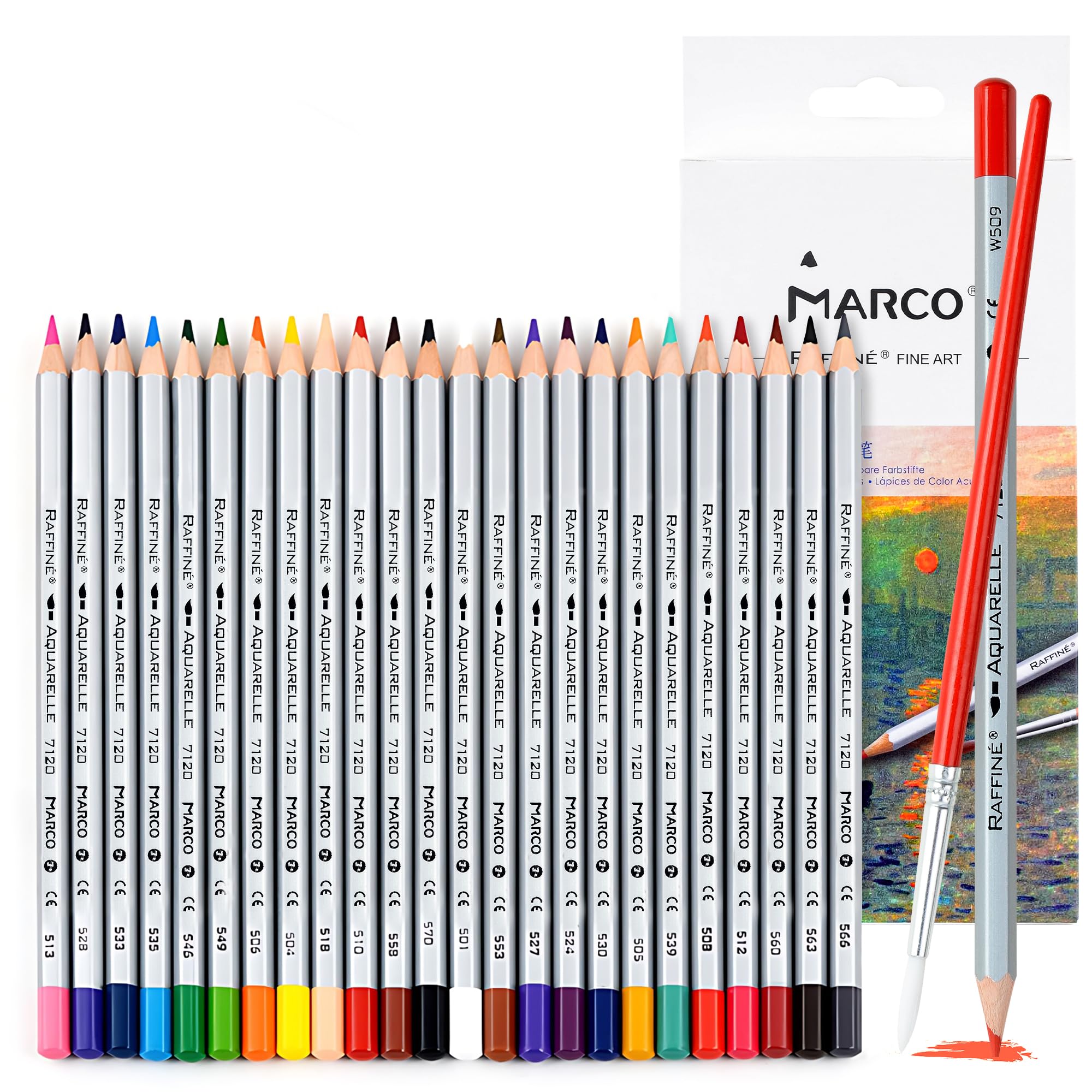 MARCO 7120 Matite Colorate Idrosolubili - 24 Vividi Colori, Mine Grosse a Gesso in Legno Esagonale, Scatola di Carta per Pittori Professionistie Amanti della Pittura