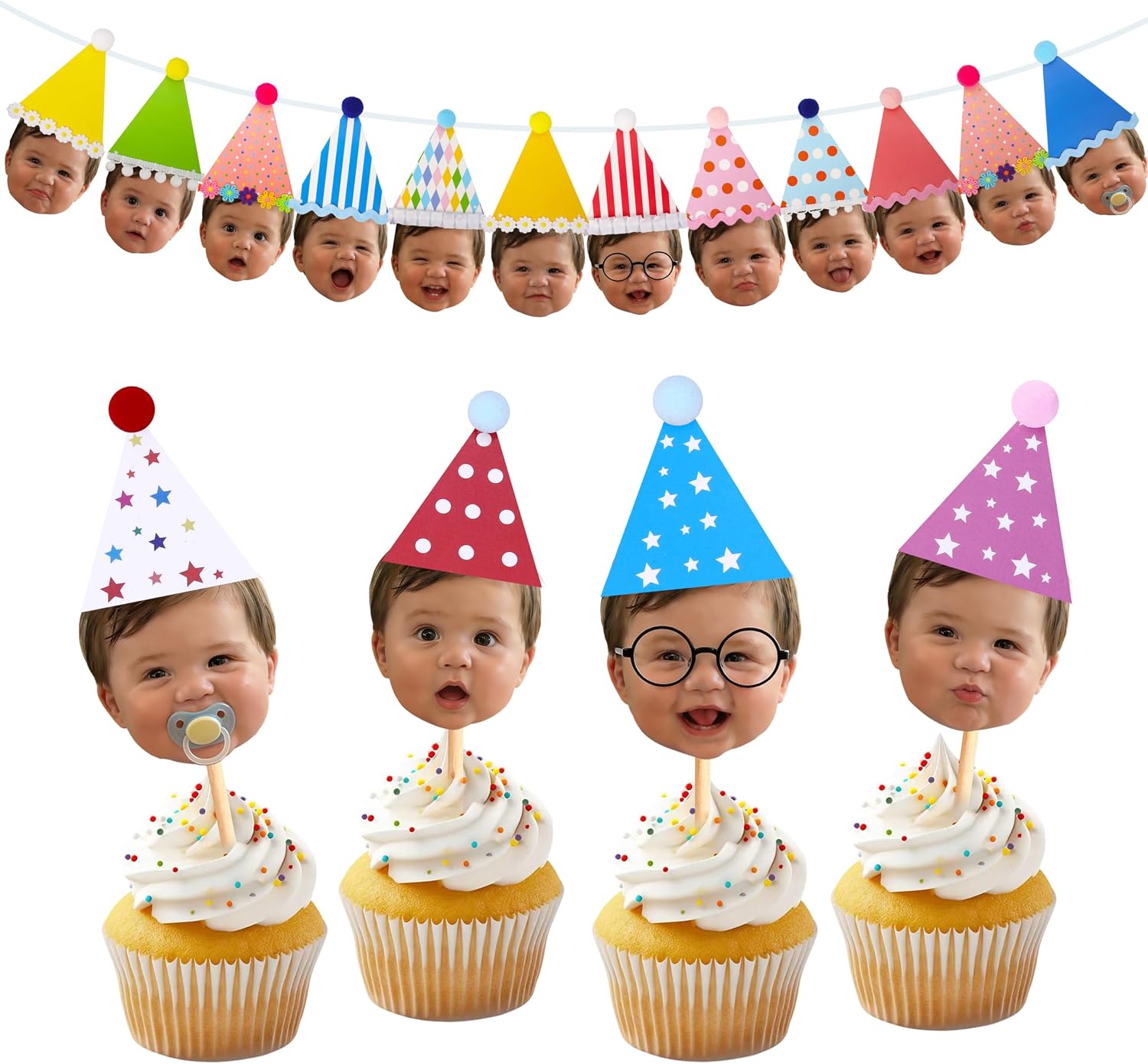 First Birthday Decoration Kit (Banner & Cupcake Toppers) Personalized Party Supplies