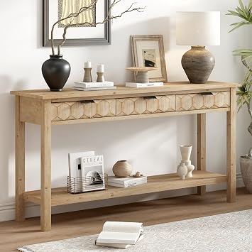 Modern Stylish Console Table with Honeycomb Design and 3 Drawers, Fir Veneer Sofa Table Accent Entryway Table with Open Bottom Shelf for Study Hallway Living Room Foyer Natural