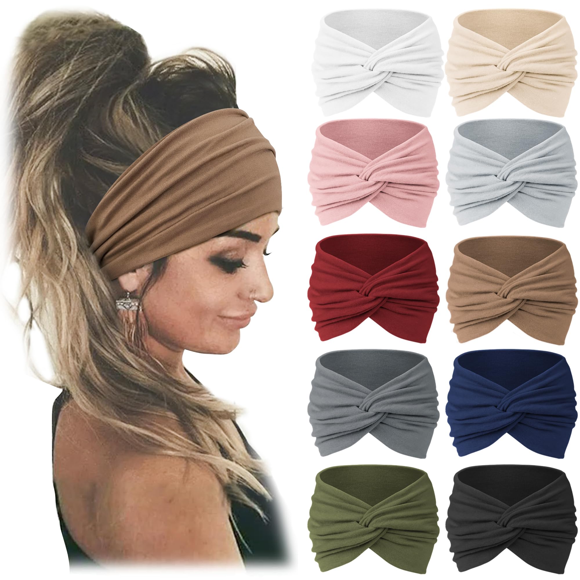 10 Pcs Stretch Knotted Wide Headbands for Women Workout Sport Stretchy Knotted Headbands for Women Non-Slip Hairbands for  main image 2