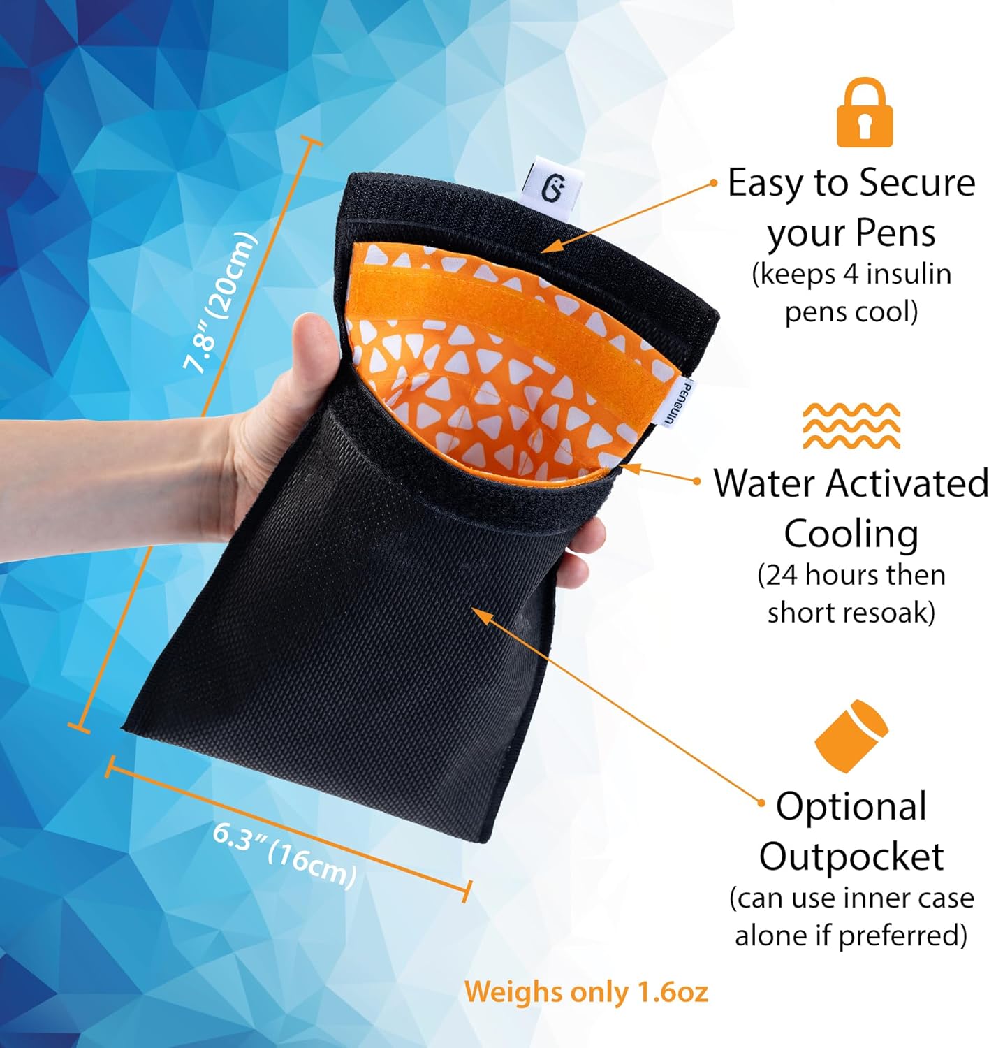 Penguin Insulin Cooler - Water-Activated Insulin Travel Case for Pens - Large Insulin Travel Cooler Measuring 7.8 x 6.3- Stores Insulin Safely at 64F-78F for 45 Hours - Black