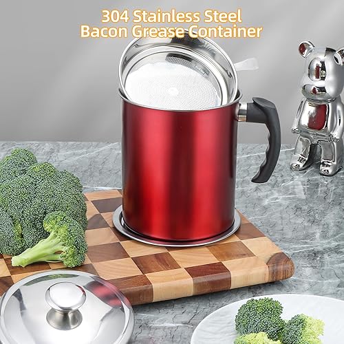 Miniatura 3 de Kaemi Recipiente de grasa de tocino de 2.2 L  74 onzas con colador, atrapador de aceite rojo para almacenamiento de aceite para cocina con tapa y
