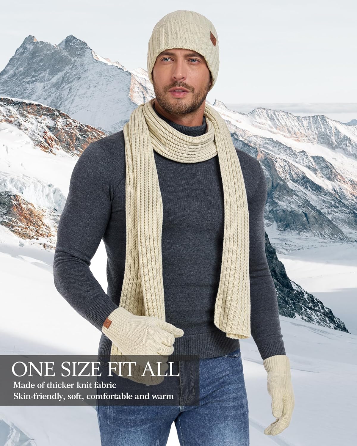 Mens Winter Beanie Hat Long Neck Scarf Touchscreen Gloves Set with Warm Fleece Lined Cap Gifts for Men Cold Weather