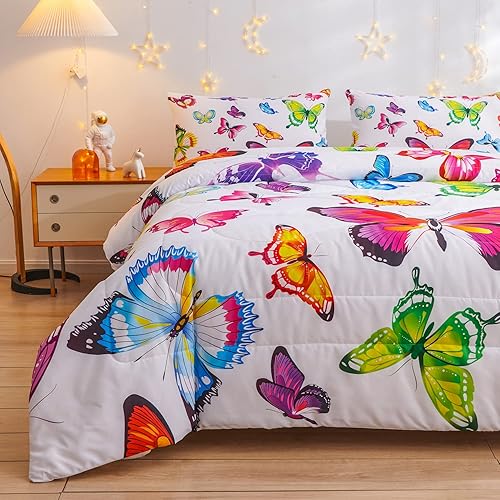 Miniatura 2 de Juego de edredón de mariposa, patrón para niños y niñas, juegos de edredón decorativos con 2 fundas de almohada, tamaño Queen