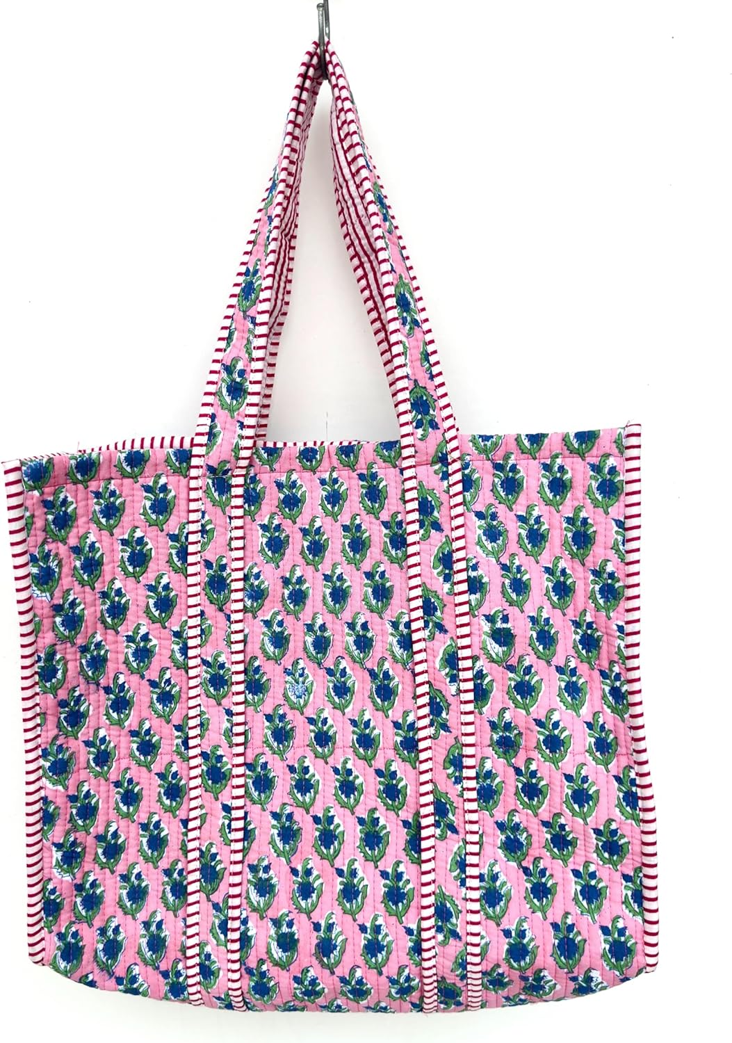 Quilted Cotton Handprinted Reversible Large multicolor Floral Tote Bag,Hand Block Print Shopping Shoulder Carry Bag - Image 2