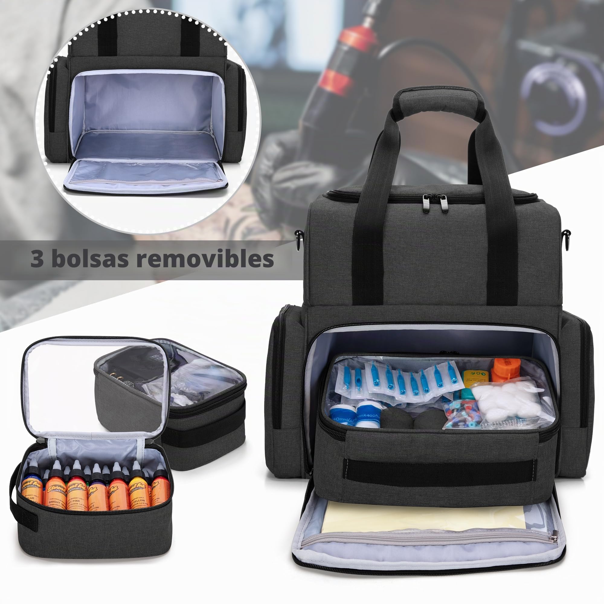 BAFASO Estuche de Transporte para Tatuajes, Bolsa para Tatuajes, Negro | Organizador de Suministros para Tatuajes con 3 Bolsillos Extraíbles, y Suministros de Tatuaje (Solo Bolsa)