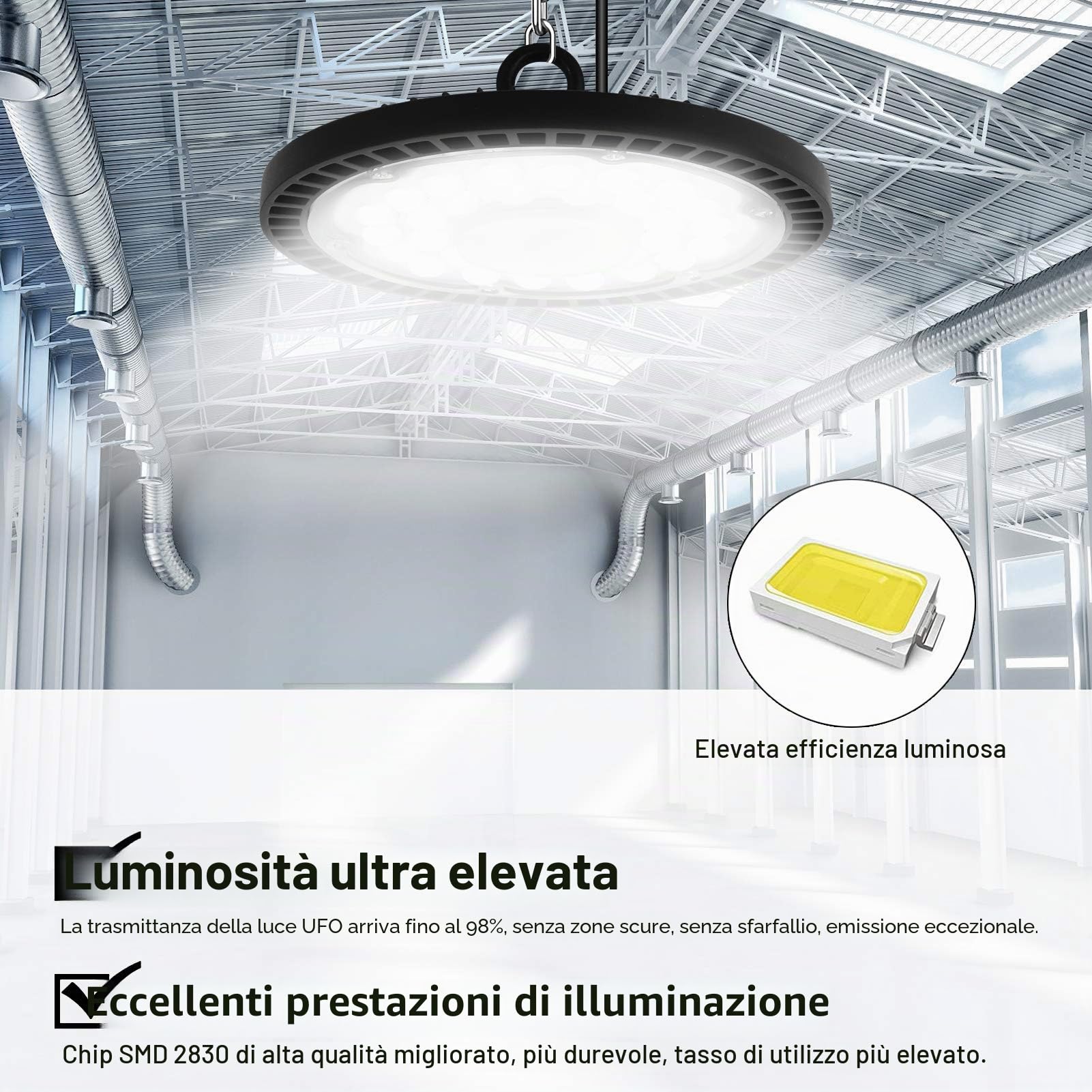 300W Faretto LED UFO, Lampada da Officina Industriale 30000LM | Impermeabile IP65, 6000K Bianco Freddo, Super Luminoso 288 LEDs, Lampada LED per Capannone, Fabbrica, Officina, Fienile