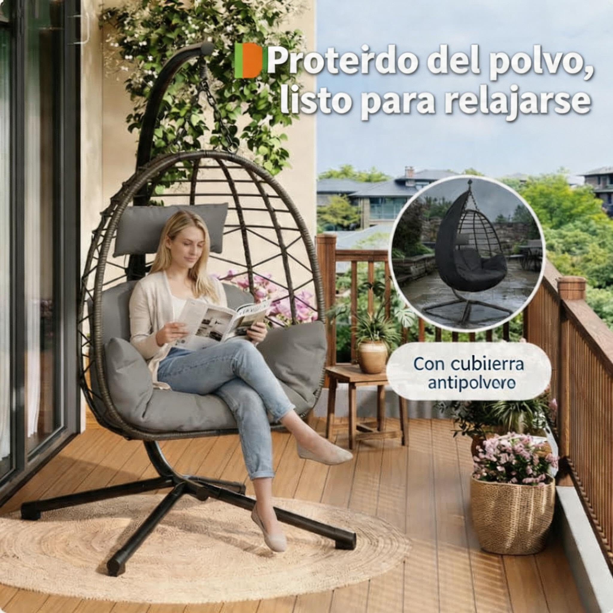 GarveeLife Altalena giardino esterno - Sedia sospesa con supporto completamente metallico, sedia a uovo sospesa con capacità di 150 kg, include cuscini relax per giardino, balcone, patio, colore