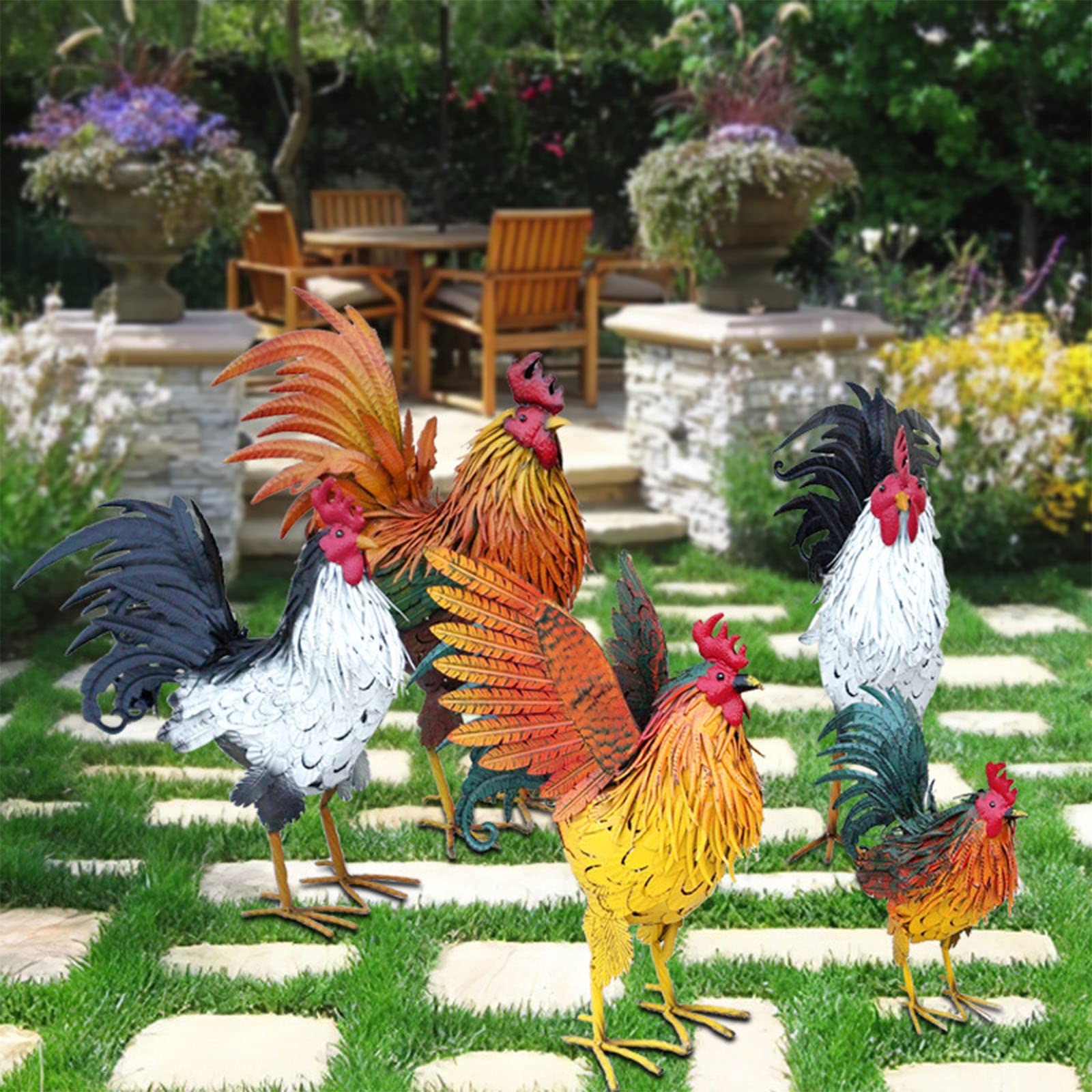 Decoración de Gallos Metálicos, Patio de Animales Arte Césped Decoración de Personajes al Aire Libre, Terrazas, Patio Trasero y Cocina Familiar Arte Decorativo (Red)