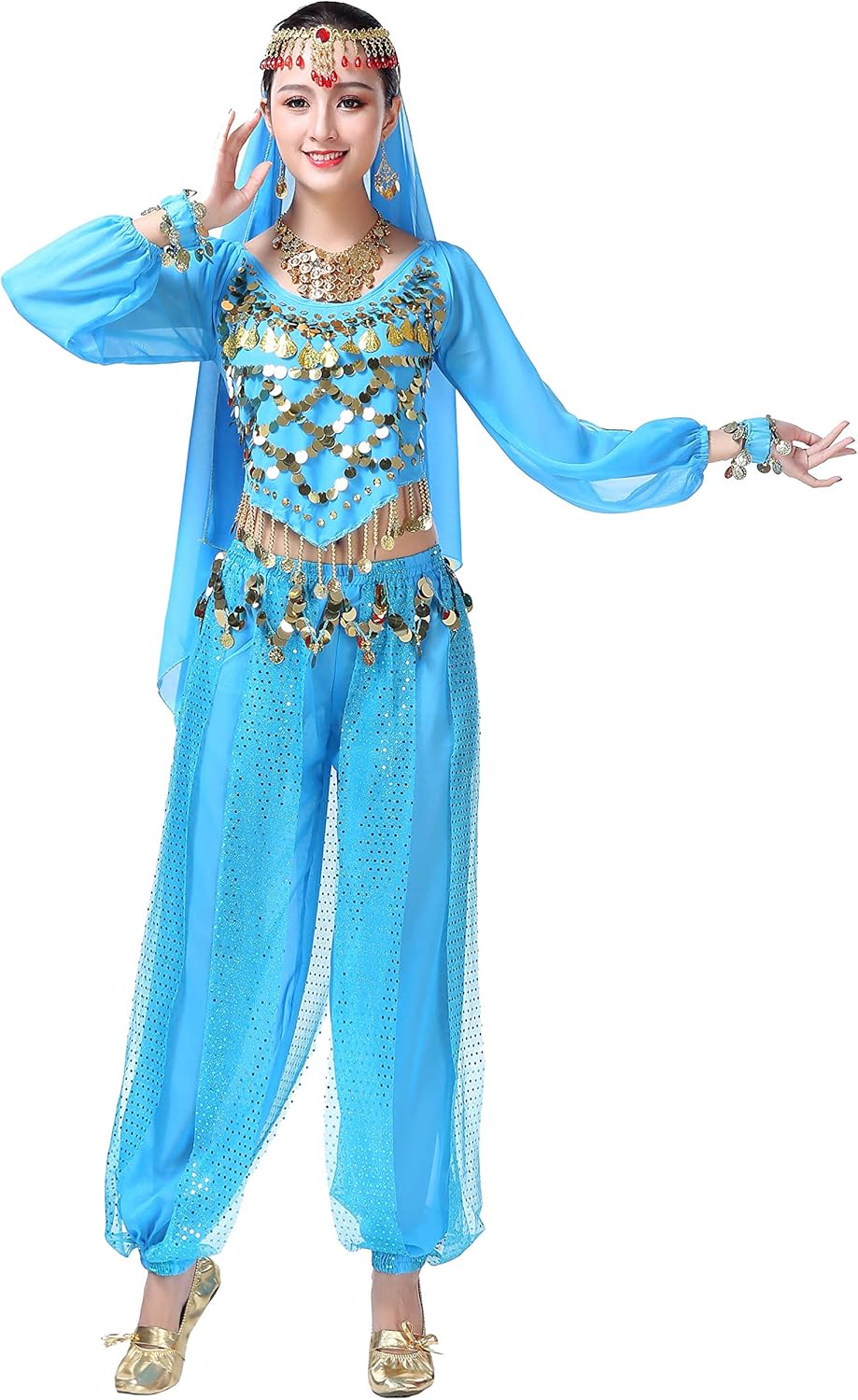 Lauthen.S Women Belly Dance Outfit Coins Top Pants Face Veil Set Halloween Costume - Image 5
