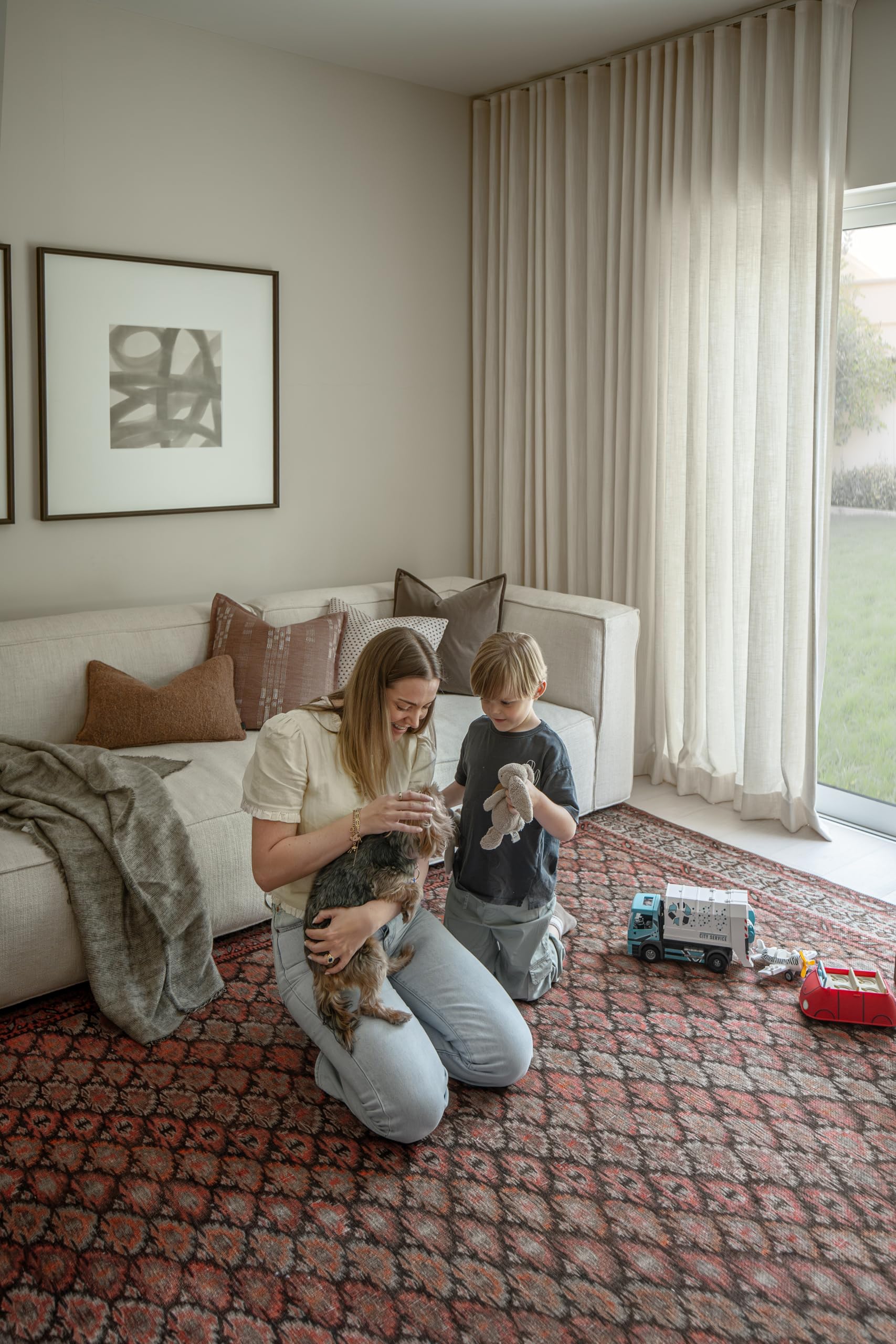 KNOTTING MATTERS Brown Taupe and Coral Low Pile Area Rug with Burnt Orange Accents – 10’ x 14’ Large Boho Rug for Living Room, Dining Room, Bedroom –