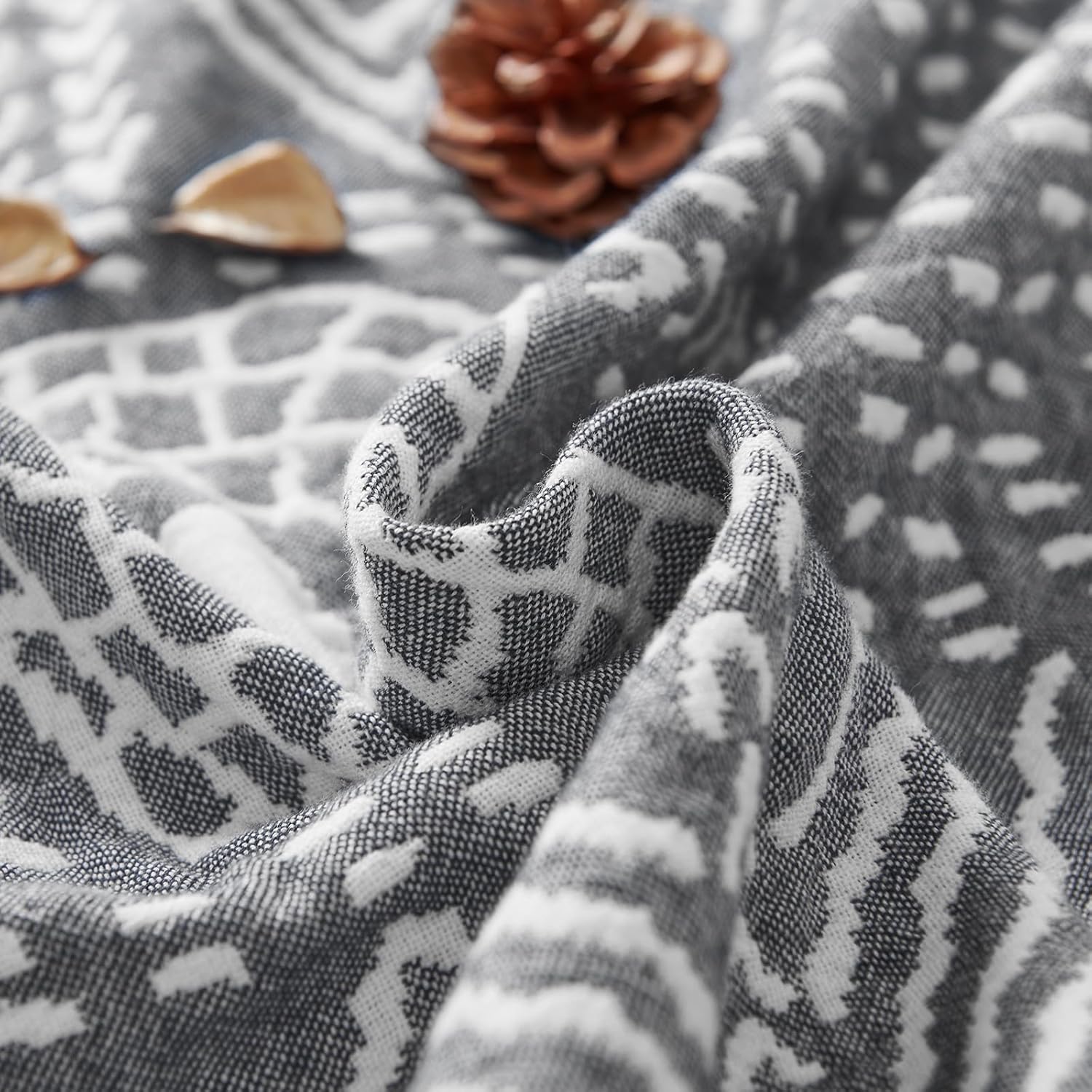 JINCHAN Boho 100% Cotton Muslin Blanket 3-Layer Twin Size Geometric Lightweight Reversible Soft Cozy Throw for Couch Sofa Bed All Season Coverlet Ideal Gift Bedroom Living Room Decor Grey 60x80 Inches - Image 4