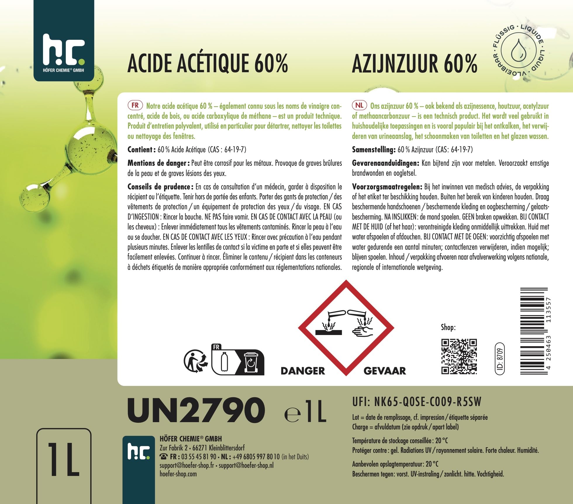 Höfer Chemie Acide Acétique 60% 6 x 1 L - Vinaigre Concentré Détartrant | Nettoyant Détartrant Puissant pour Ménage et Industrie, Fabrication Allemande de Qualité Supérieure, Biodégradable