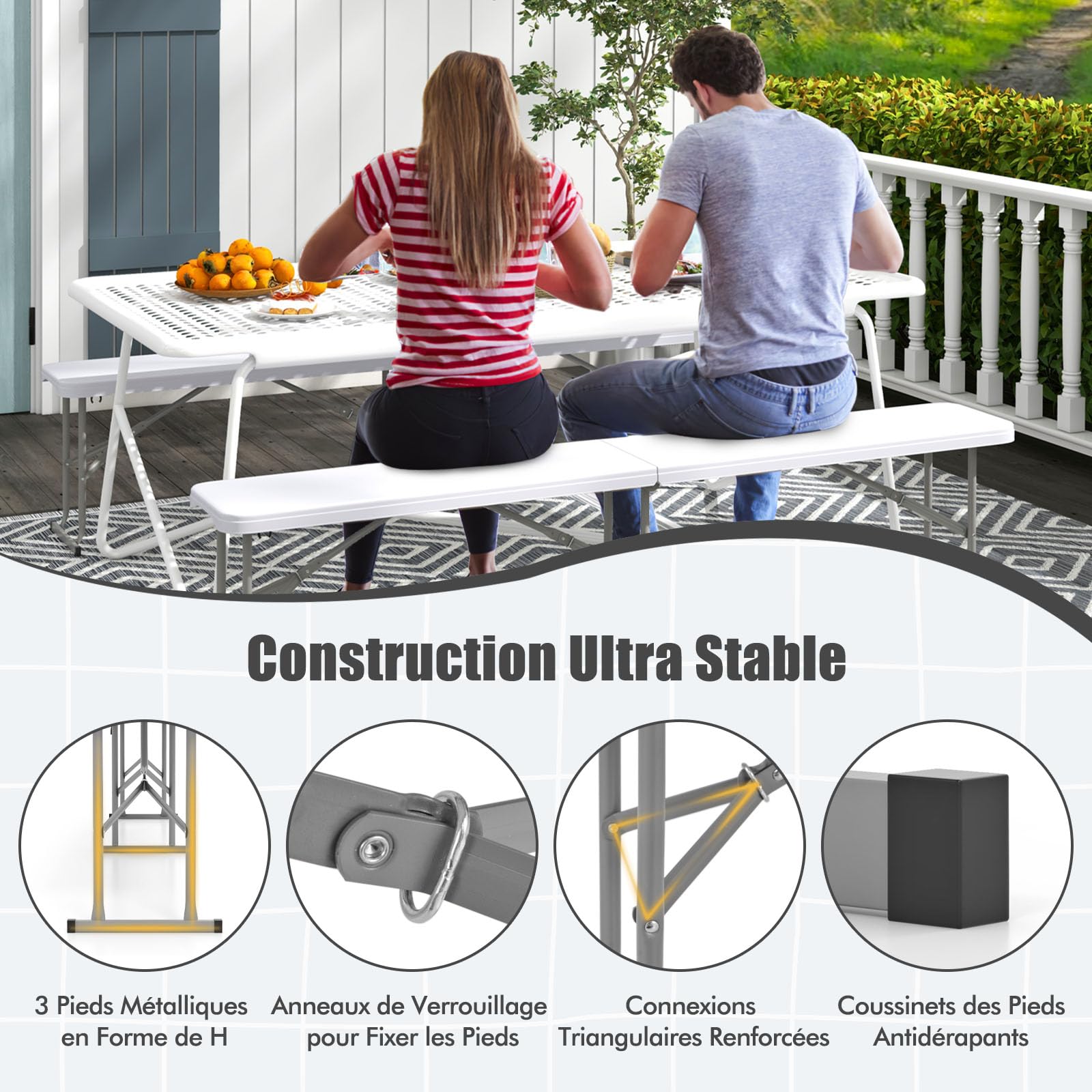 COSTWAY Banc Pliable à 3 Places en HDPE, Charge 300 kg (Blanc)