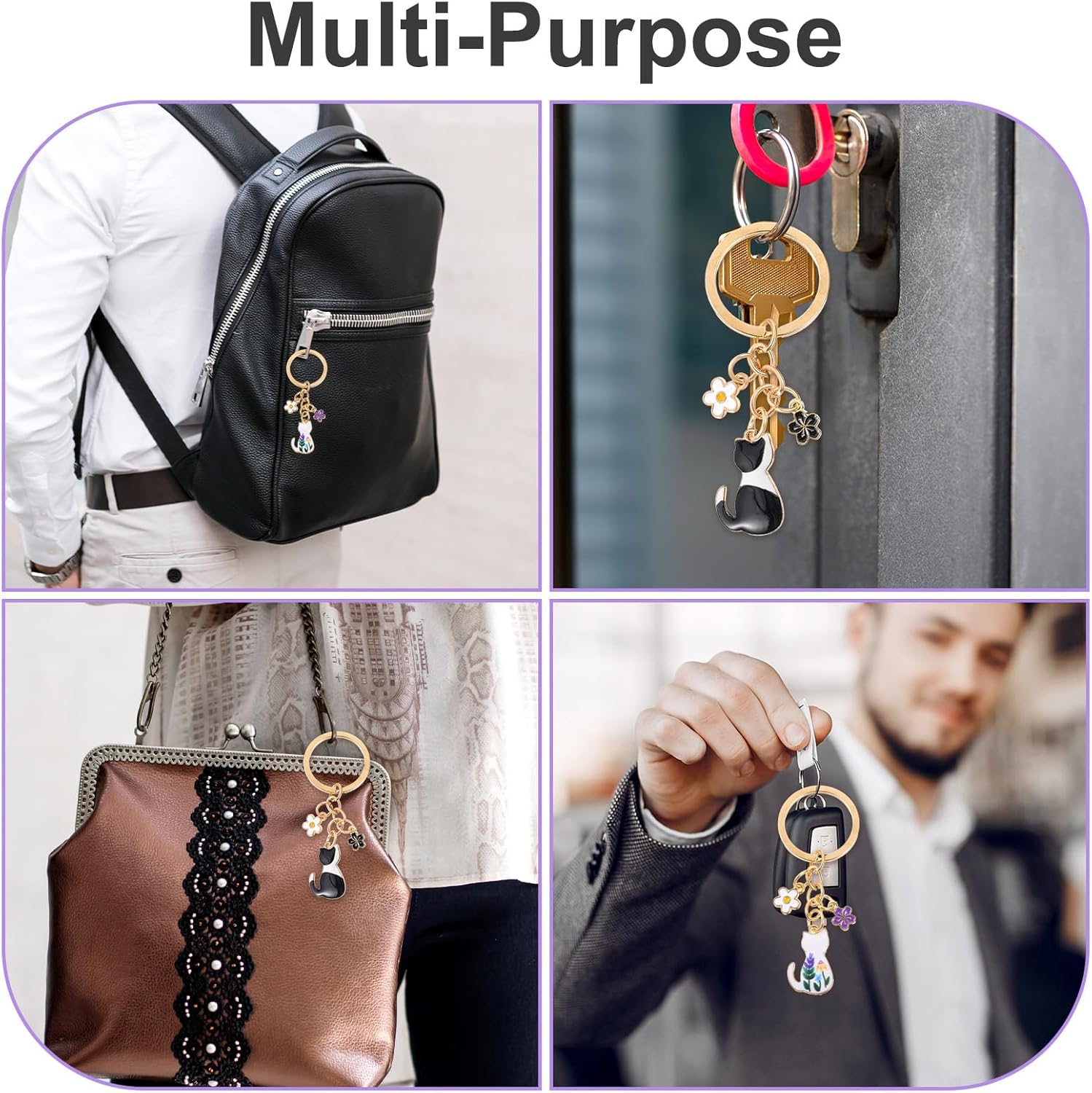 2PCS Cute Cat Keychain – Kawaii Enamel Cat Charm, Colorful Flower Design, Durable Alloy Key Ring for Women Men, Cats Lovers Gift, Bag & Backpack Accessories - Image 3