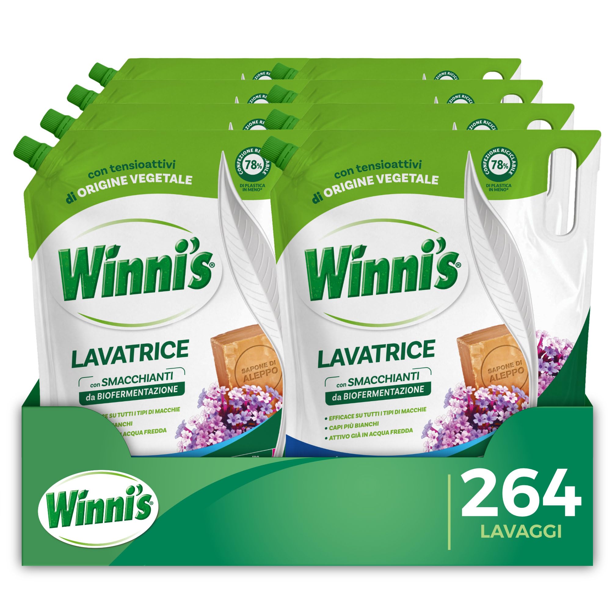 Winni's - Detersivo Lavatrice Ipoallergenico Ecoformato, 264 Lavaggi, con Smacchianti Naturali da Biofermentazione, Fragranza Aleppo e Verbena, Con Materie Prime Vegetali, 1485 ml x 8 Confezioni