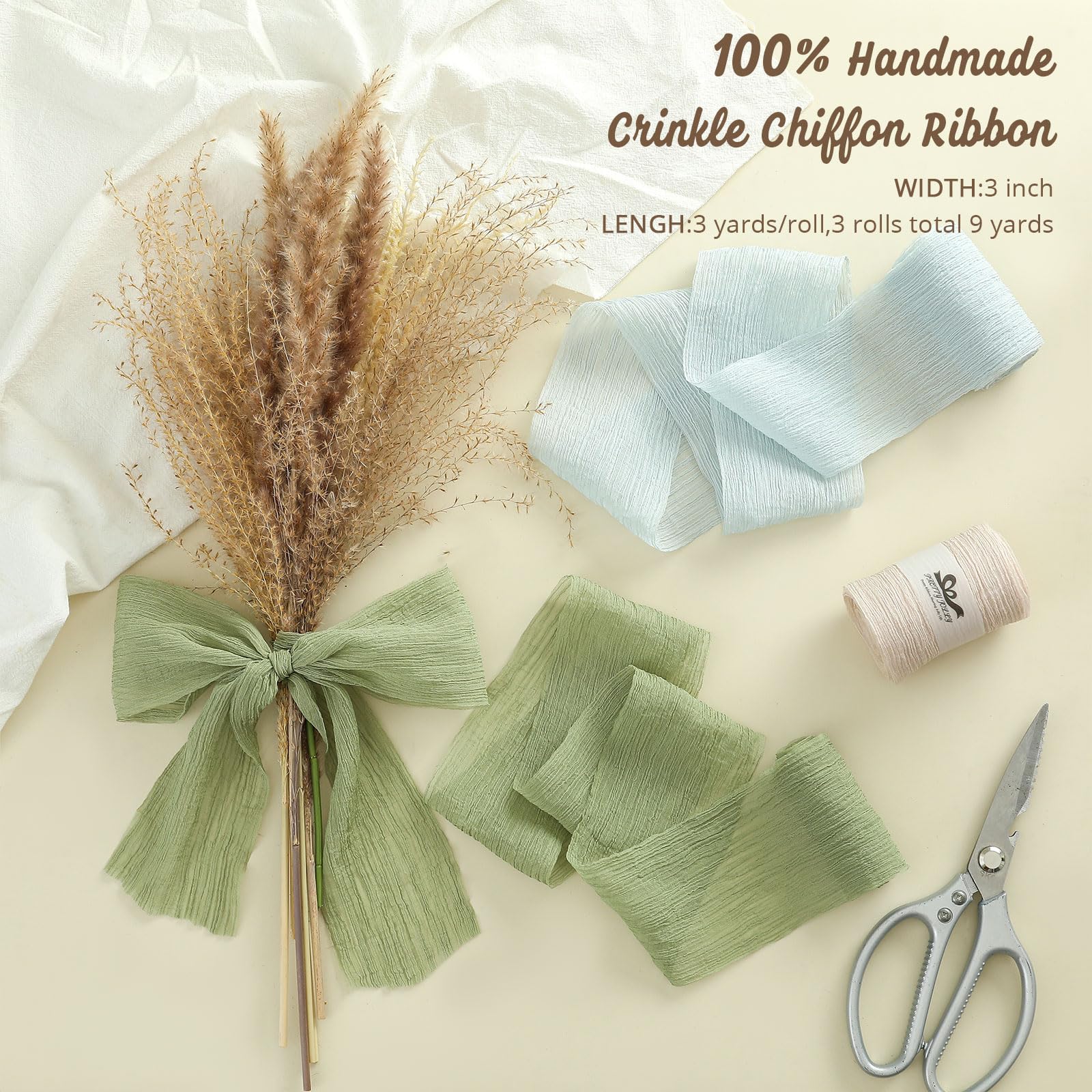 Pretty Jolly Sage Green 3 Inch x 9 Yard Silk, Polyester Crinkle Chiffon Ribbon Set for Wedding Hair, Invitations, Bouquets, Decor - Image 2