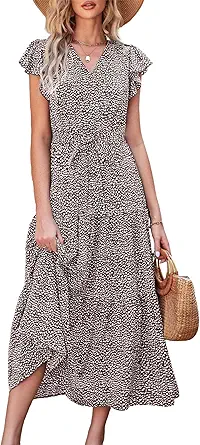 PRETTYGARDEN Women's Boho Floral Summer Dress Wrap V Neck Ruffle Short Sleeve A Line Belted Flowy Tiered Maxi Dress