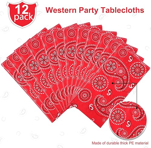 Miniatura 3 de Tatuo Mantel rectangular de plástico con estampado de cachemira para fiestas temáticas de vaquero occidental, 108 x 54 pulgadas (rojo, paquete de 12)