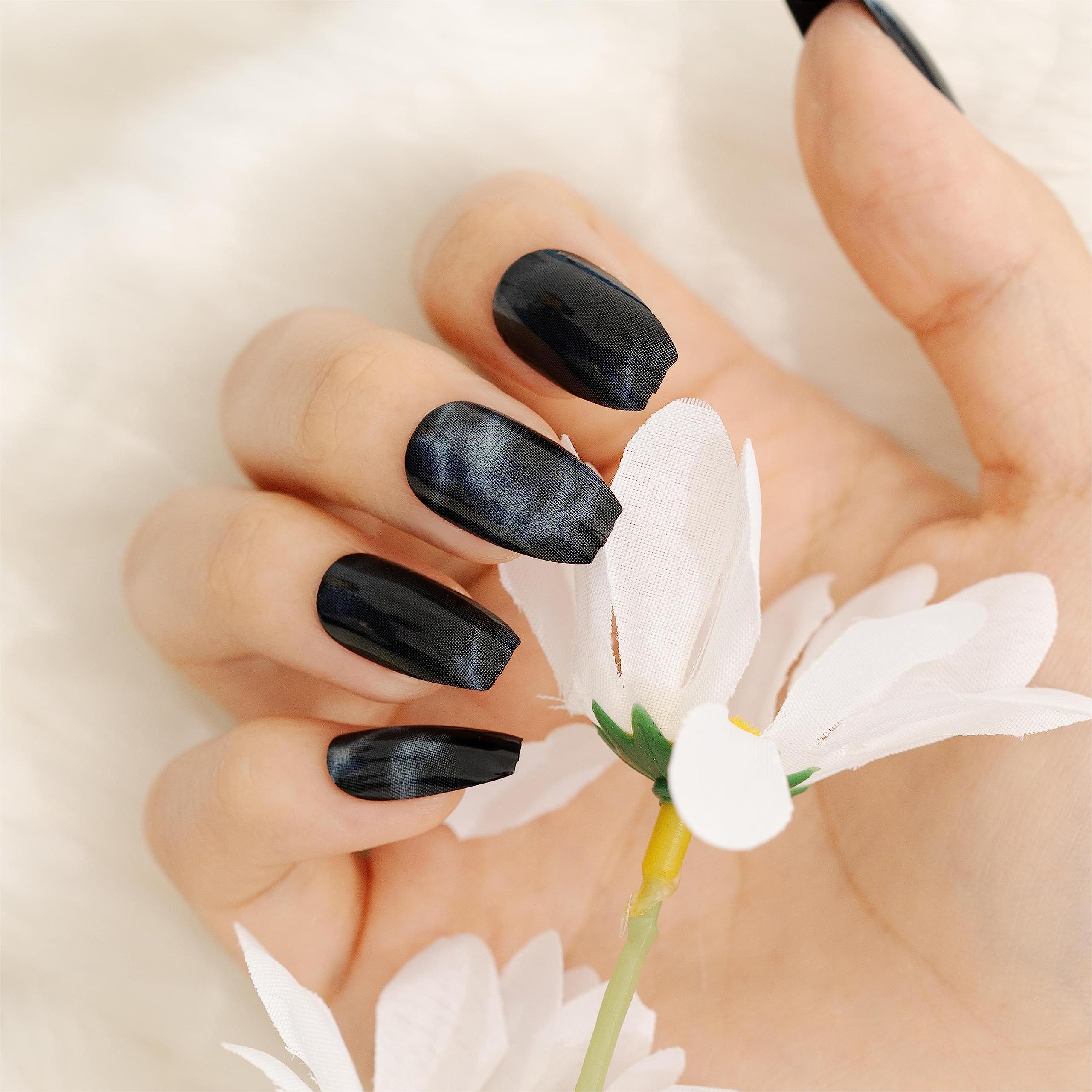 24 pcs Removable False Nails Fake Nails for Women and Girls (Black Marble)