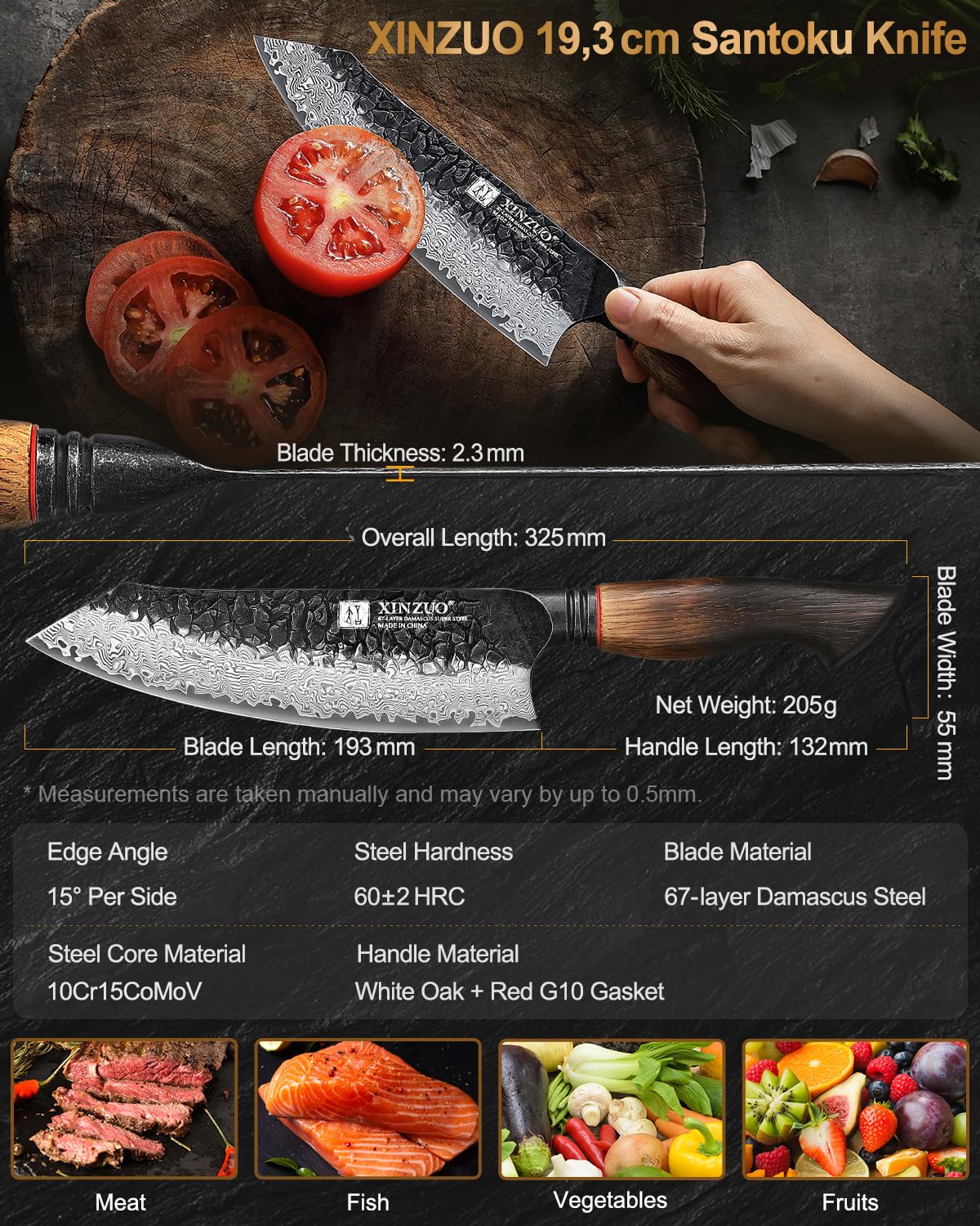 XINZUO Damaststahl 19,3cm Santokumesser -Hammerfinish Küchenmesser Scharfe Klinge Damastmesser -Profi Geschmiedet Kochmesser Multifunktions Chefmesser -Ergonomischer Griff aus Weißeiche -Mo Serie