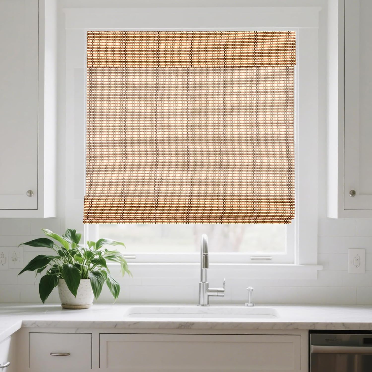 Sunbox Bamboo Roman Shades, Cordless Roman Blinds, Custom Window Blinds, Light Filtering Window Treatment, Natural Two Tone Bamboo Woven Wood Roman Shades for Indooer Windows, French Doors