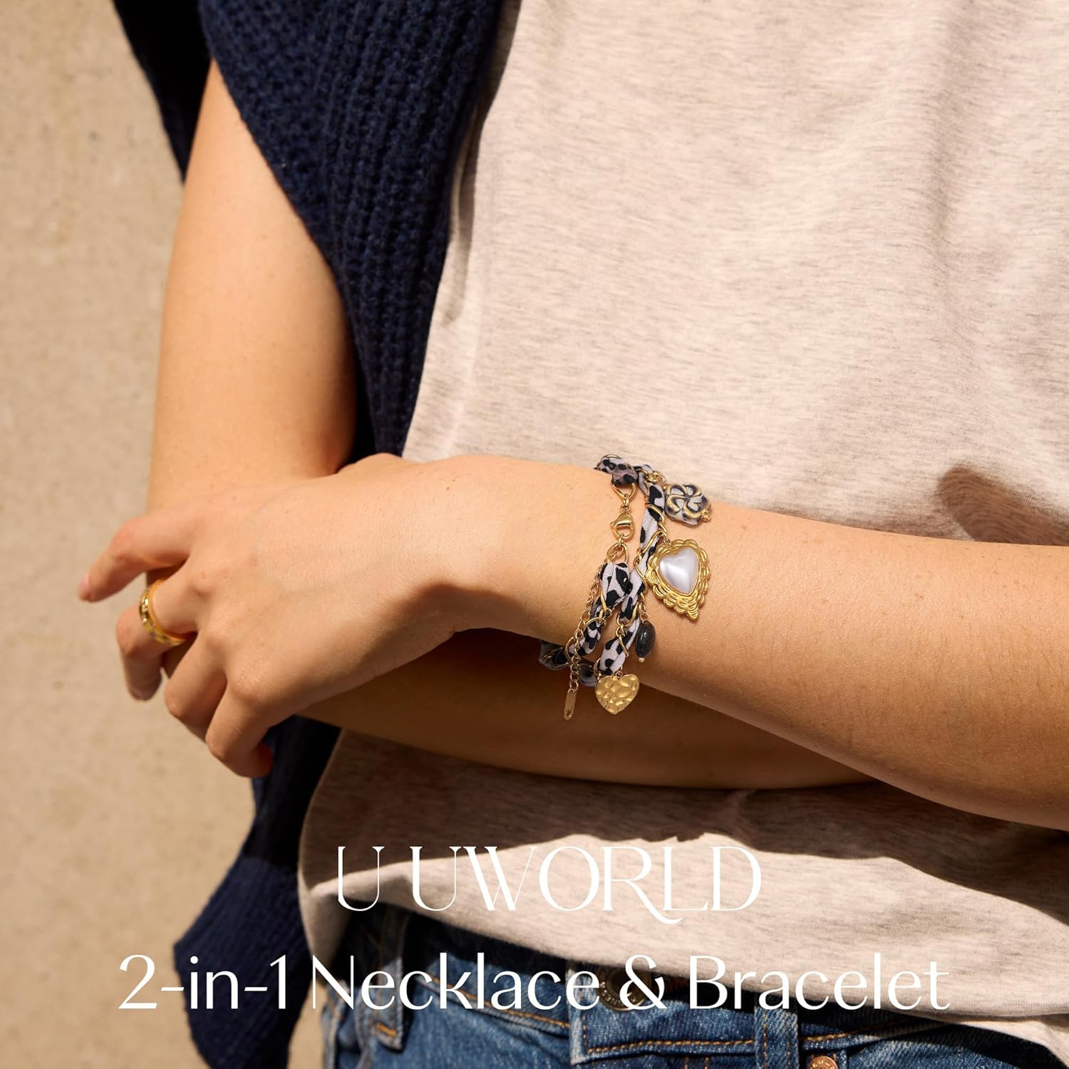 Scarf Necklace with Charm,Vintage Bandana Necklace for Women with Hammered Heart,Tiger Eye Stone,Ceramic Flower and Pearl Heart Pendant,Gold Stainless Steel Silk Charm Necklace for Women,Gift Jewelry - Image 3